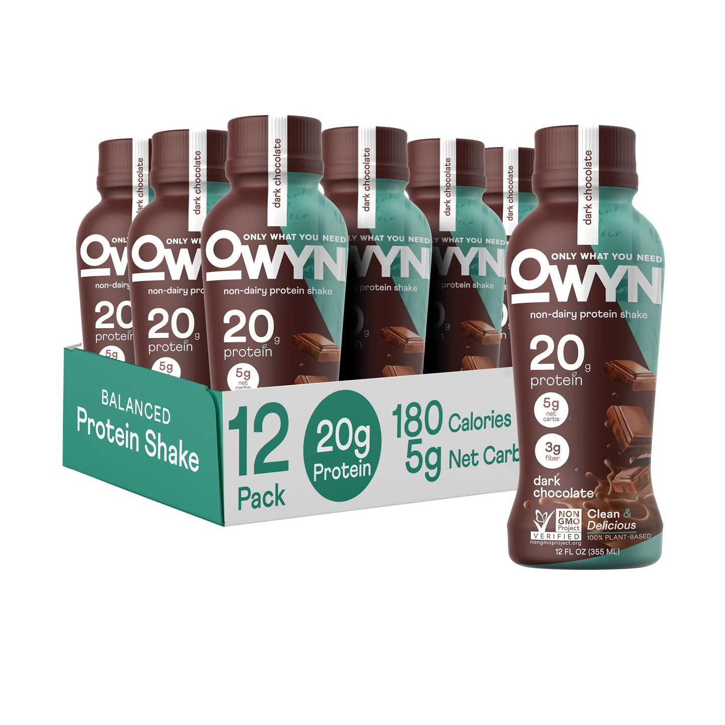 OWYN Dark Chocolate Flavored Protein Shake, 20g Protein, 4g Sugar, 3g Fiber, Dairy Free, Plant Based Protein Drink 12 Count