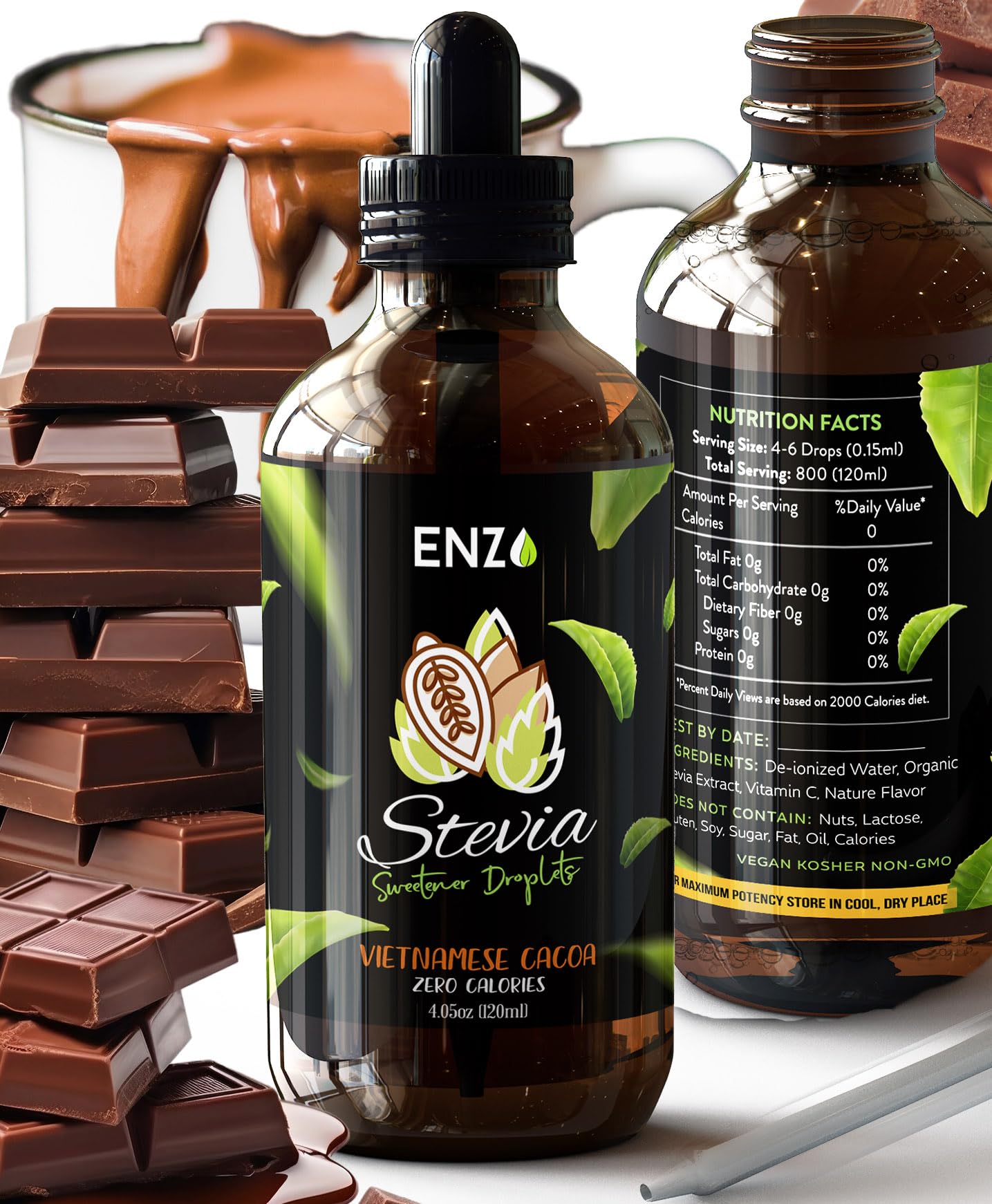 Enzos Private Selection Liquid Stevia Drops - All Natural Chocolate Flavor, Zero Calories, 4 Fl Oz (800 Servings)