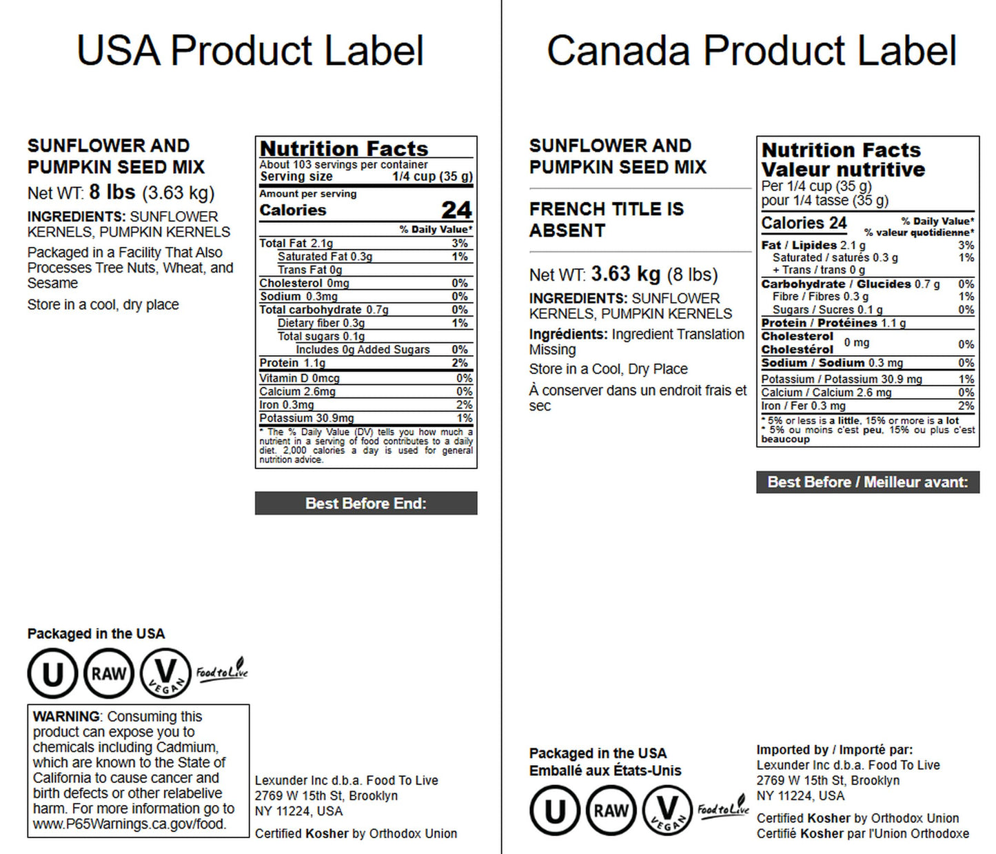 Food to Live Sunflower and Pumpkin Seed Mix, 8 Pounds - Natural Snack, Rich in Protein, Perfect for Snacking, Baking and Salads,