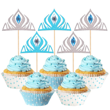 24 PCS Frozen Crown Cupcake Toppers with Crystal Winter Princess Crown Cupcake Picks for Winter Frozen Theme Bridal Shower Weddi