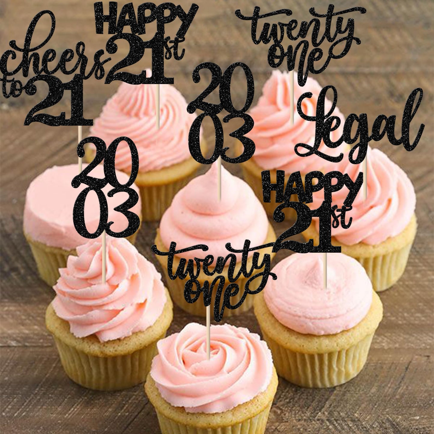 Rssta i Cupcake Toppers, 30 Pack Glitter Picks for 21st Birthday, Black, Paper, Model XM087