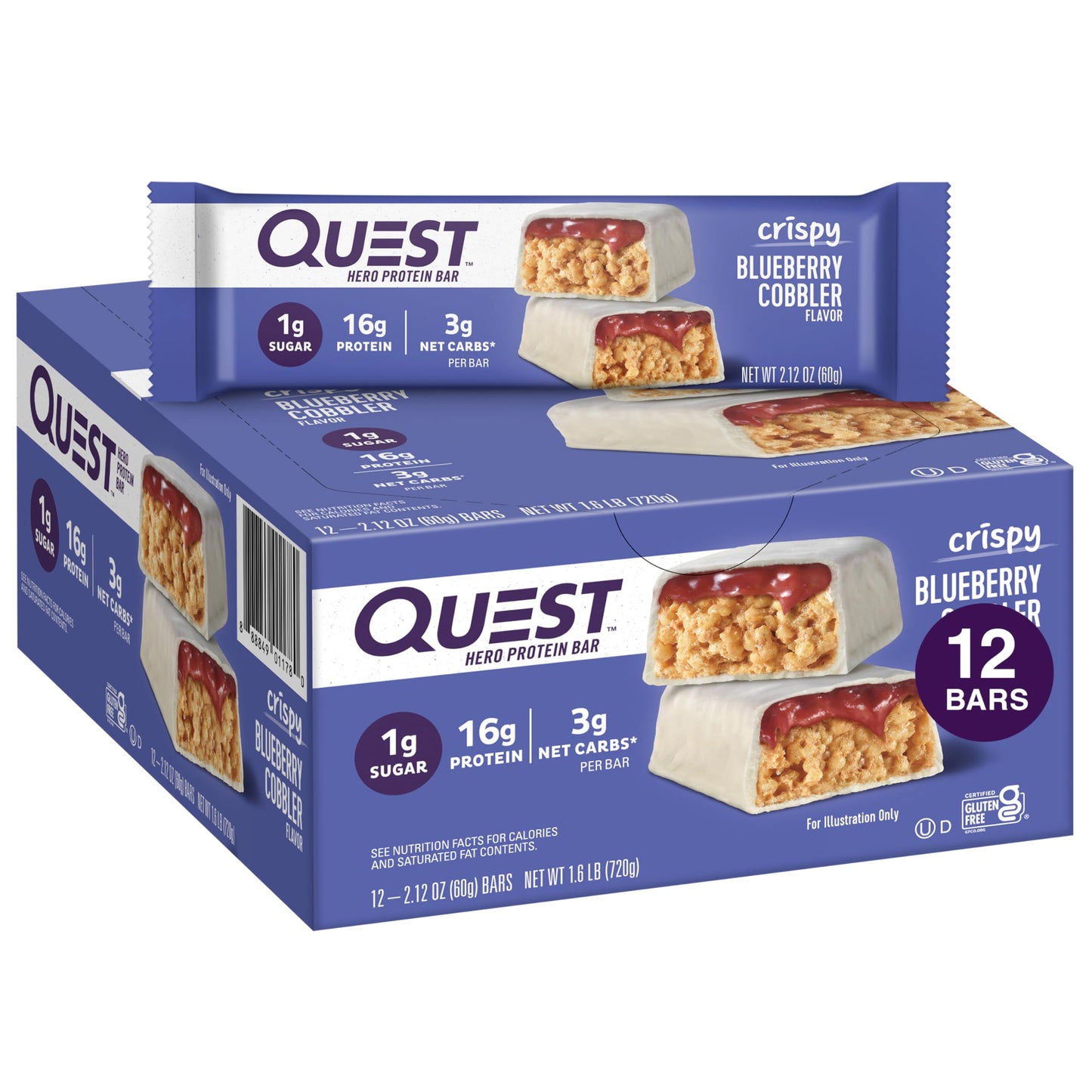 Quest Nutrition Crispy Blueberry Cobbler Hero Protein Bar, 16G Protein, 1G Sugar, 3G Net Carb, Gluten Free Protein Snack, Keto F