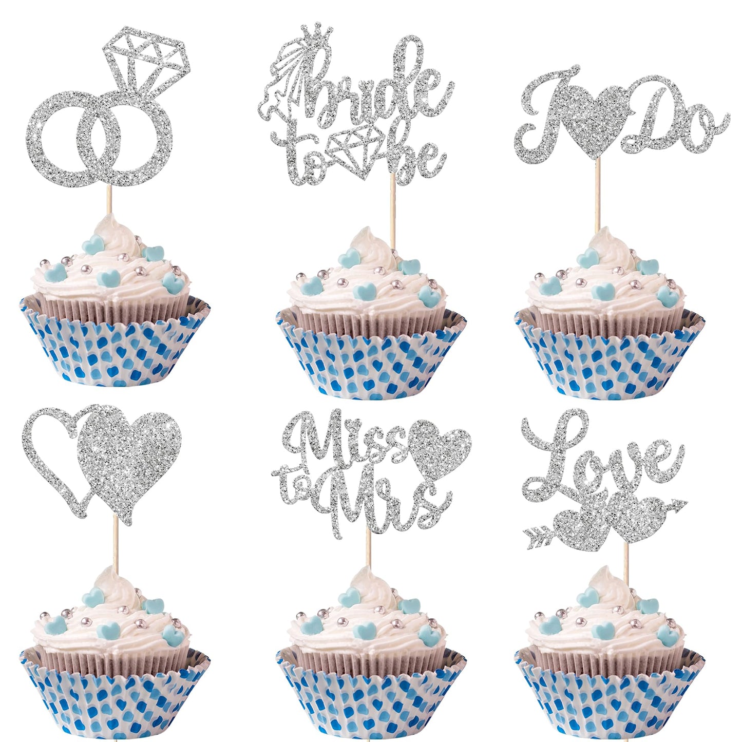 YCTHUNFISH 36 Pack Bridal Shower Cupcake Toppers, Glitter Diamond Ring, Card Stock, Silver