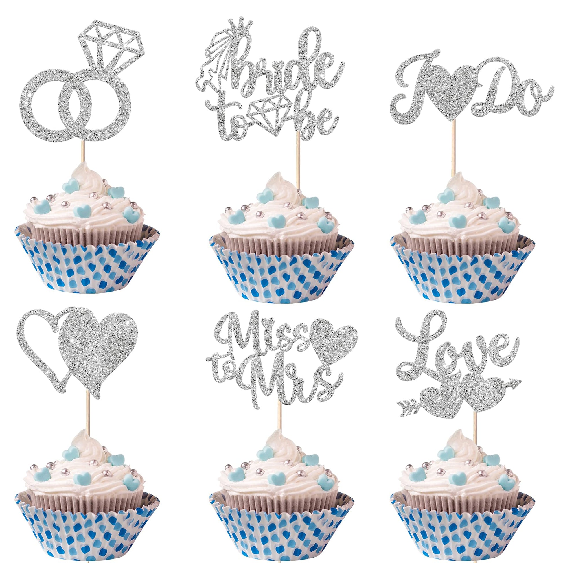 YCTHUNFISH 36 Pack Bridal Shower Cupcake Toppers, Glitter Diamond Ring, Card Stock, Silver