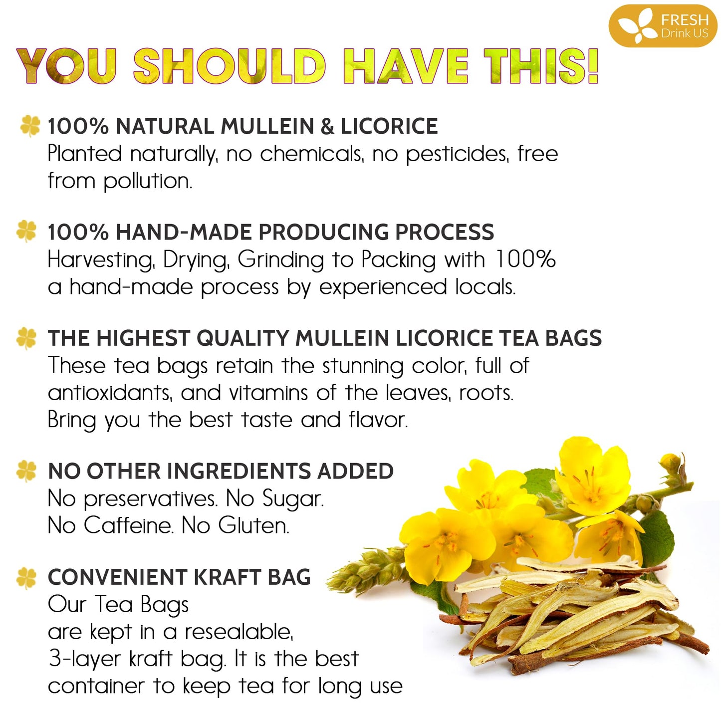 FRESHDRINKUS Premium Mullein Licorice Tea Bags, 100% Natural, Vegan, 55 Tea Bags
