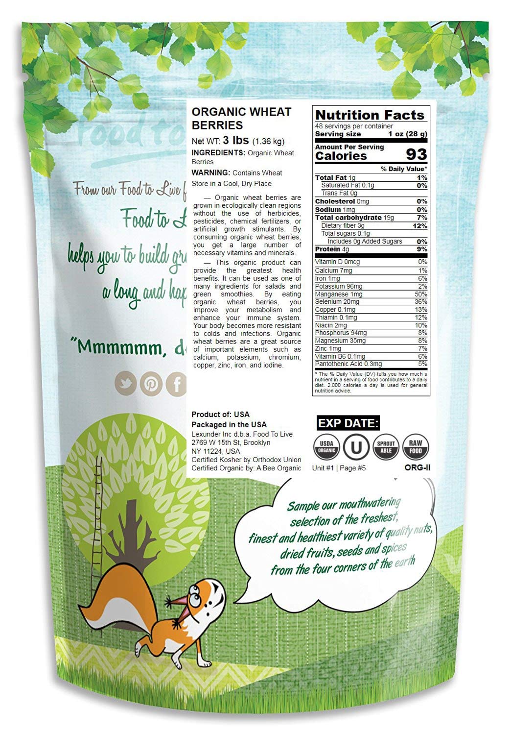 Food to Live Organic Hard Red Wheat Berries, Non-GMO, Vegan, 3 Pounds, Kosher, Raw, Sodium and Sugar Free