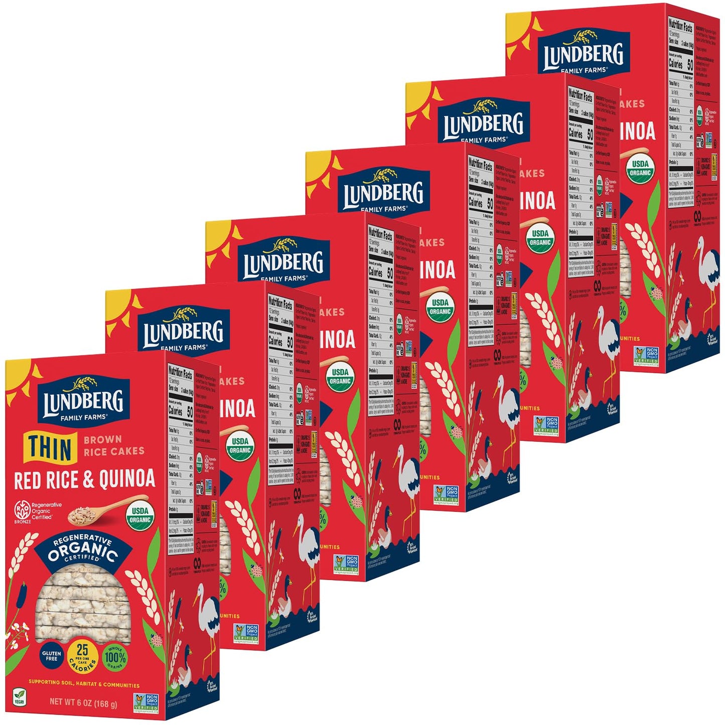 Lundberg Thin Brown Rice Cakes, Red Rice & Quinoa, 6-Pack -Regenerative Organic Certified Thin Rice Cakes, Healthy Snacks, Vegan