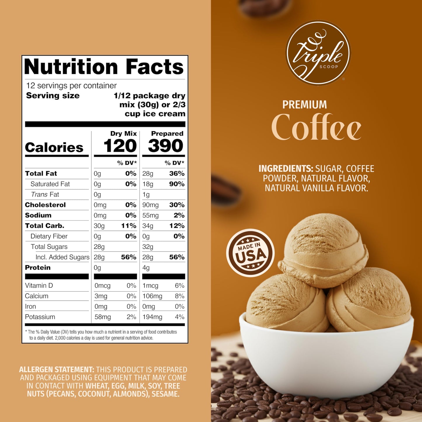 Triple Scoop Premium Coffee Ice Cream Starter Mix, 2 Boxes (12.7 oz each), Easy to Make, Real Colombian Coffee, Made in USA