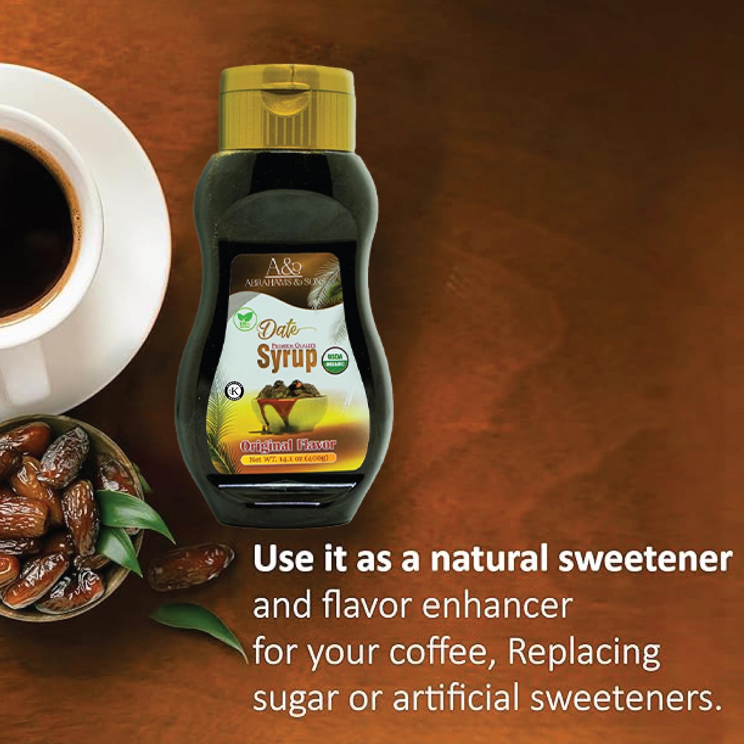 USDA Organic Date Syrup  100% Natural Sweetener  No Added Sugar  Original Flavor  400g - Kosher Certified  Vegan & Kid-Friendly