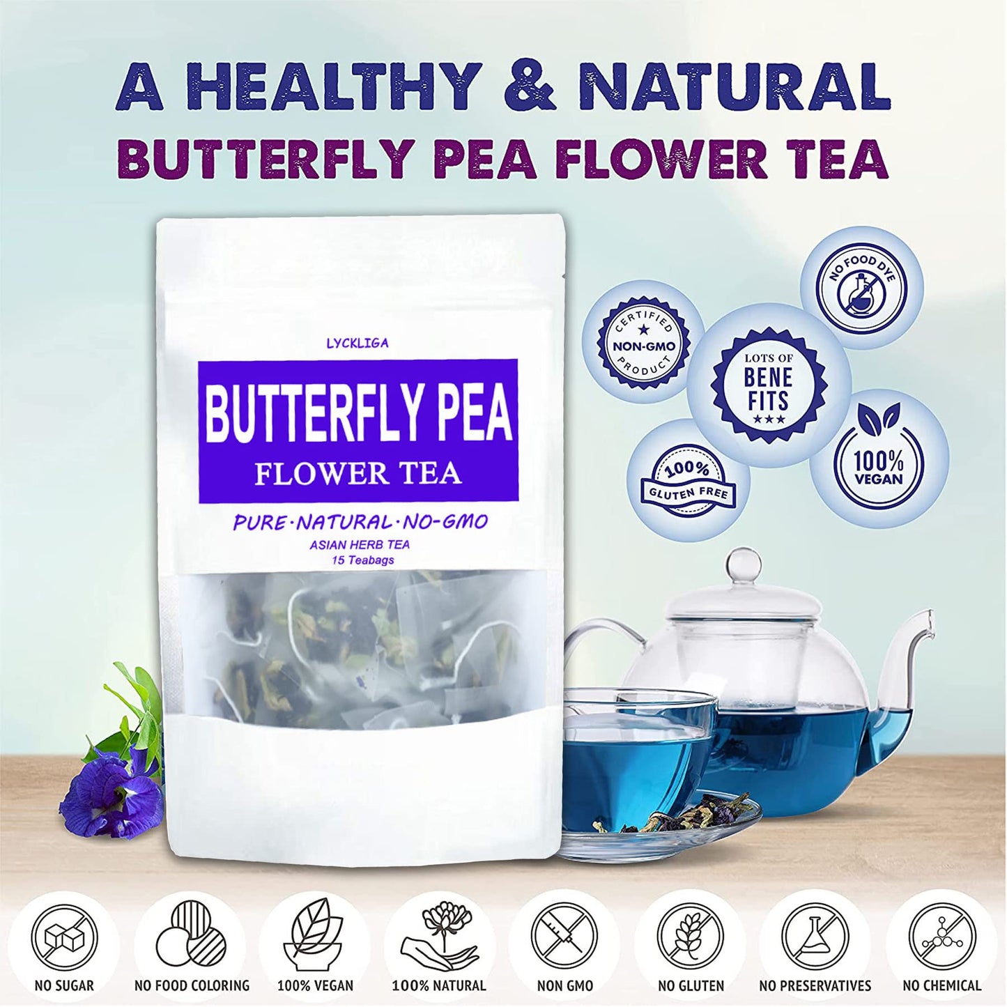 LYCKLIGA Butterfly Pea Flower Tea - 15 Pyramid Tea Bags, Antioxidant Blue Tea, Pack of 2