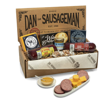 Dan the Sausageman Gourmet Meat & Cheese Gift Box – 8-Piece Set with Summer Sausages, Salmon, Crackers, and Mustard