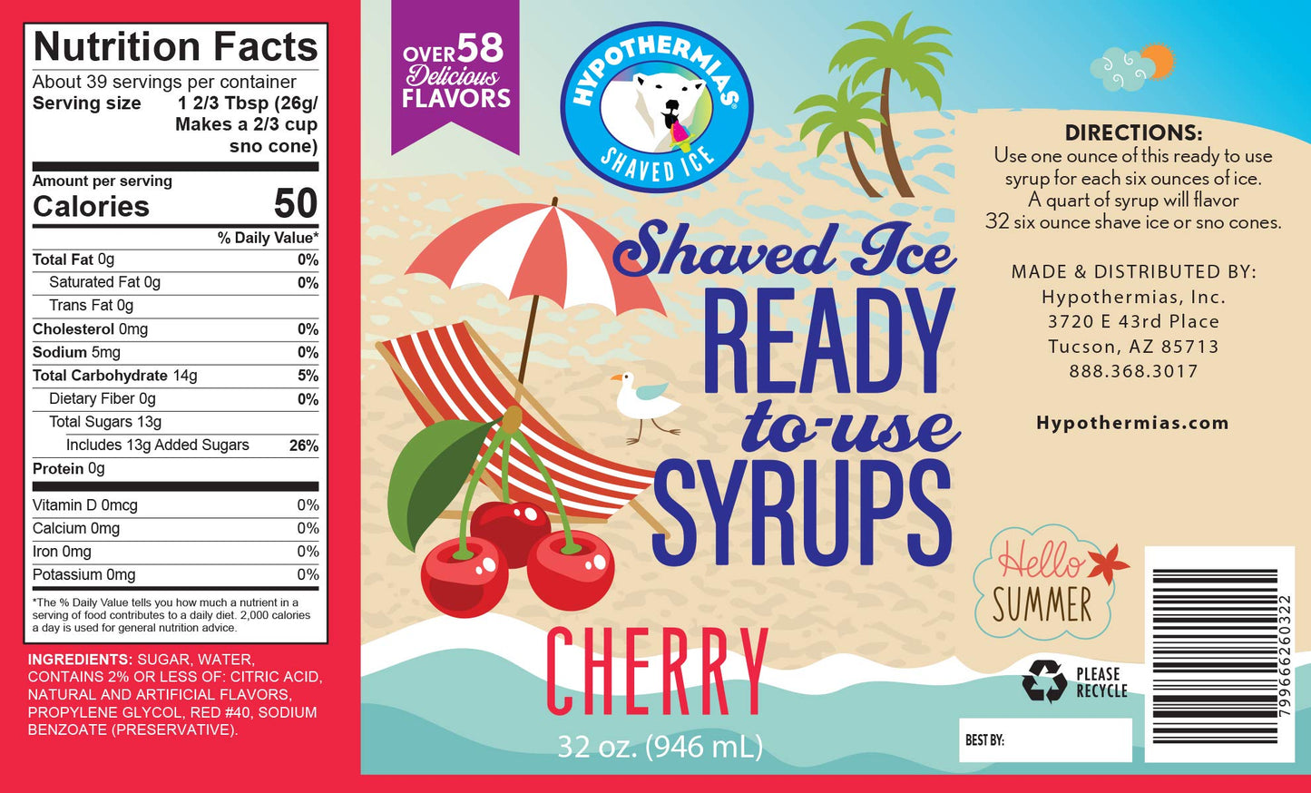 Hypothermias Shaved Ice & Snow Cone Syrup - Quart (32 Fl. Oz) - Cherry - Made With Non-Gmo 100% Pure Cane Sugar, No Corn Syrup -
