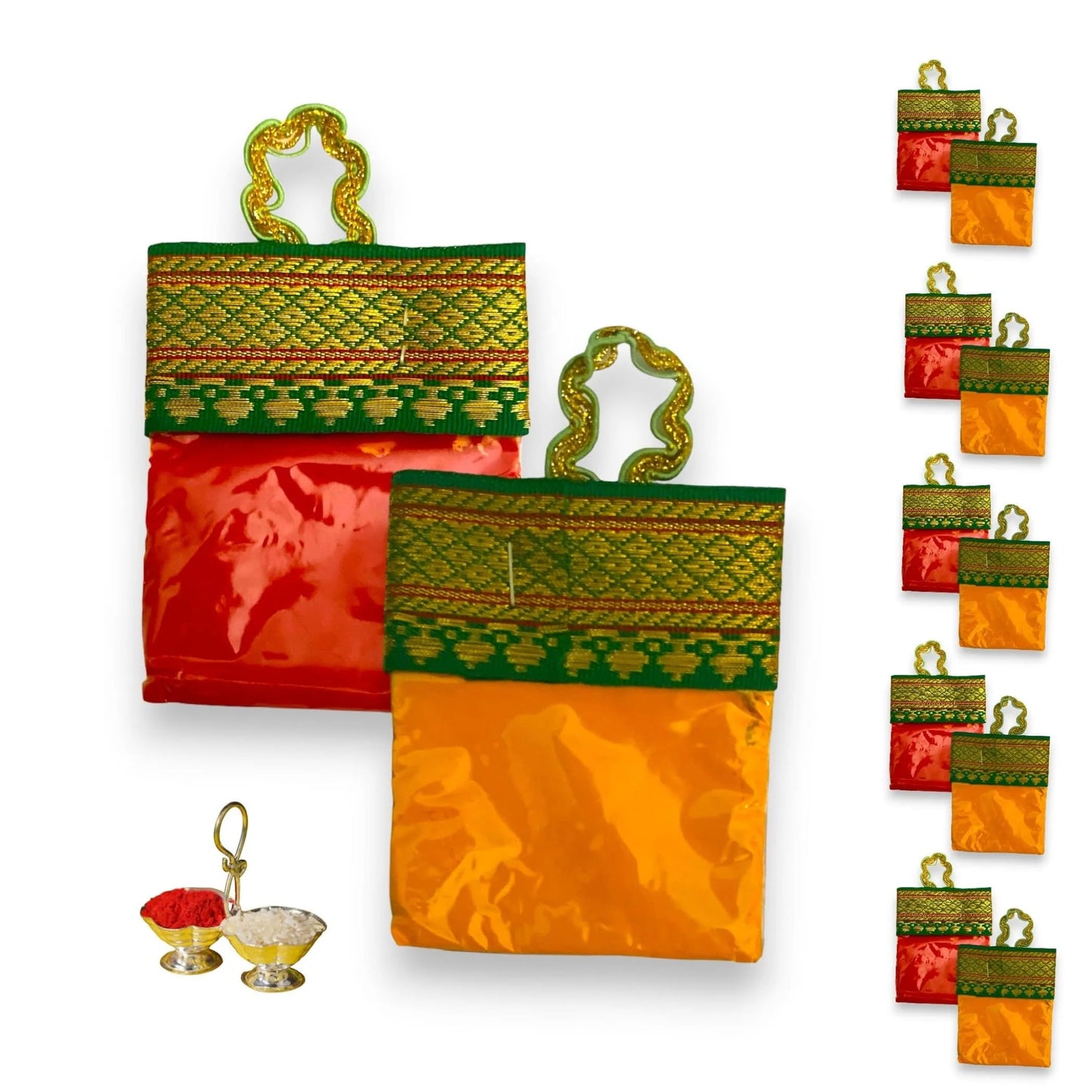 Lovenspire Haldi Kumkum Packets Bulk 10 Pc Handbag Style Mini Packs Enhanced Sindoor And Turmeric Powder Combo - Hindu Thamboolam Set For Indian Wedding Havan Durga Puja Festive Essentials Return Gift