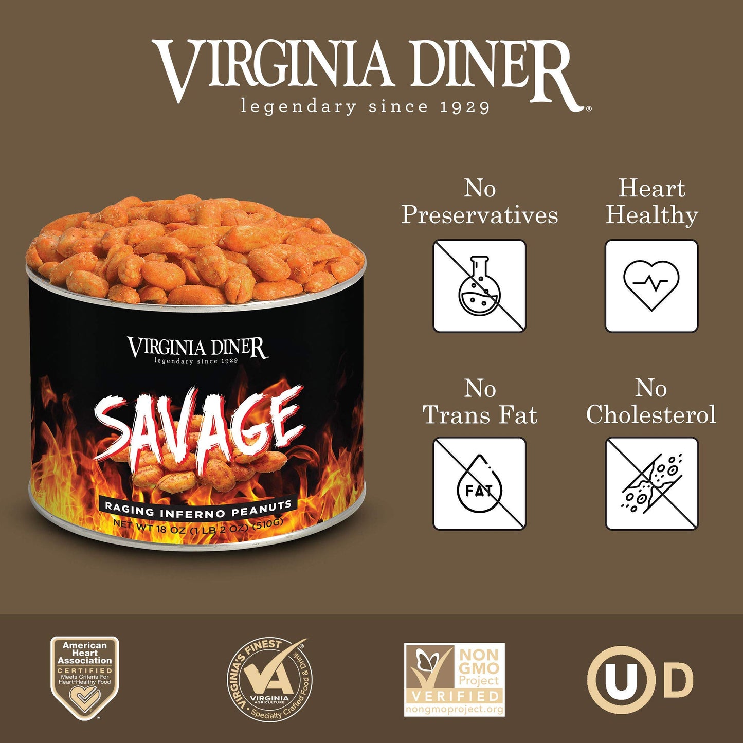 Virginia Diner - Gourmet Natural Savage Raging Inferno Spicy Virginia Peanuts, 18 Ounce Tin