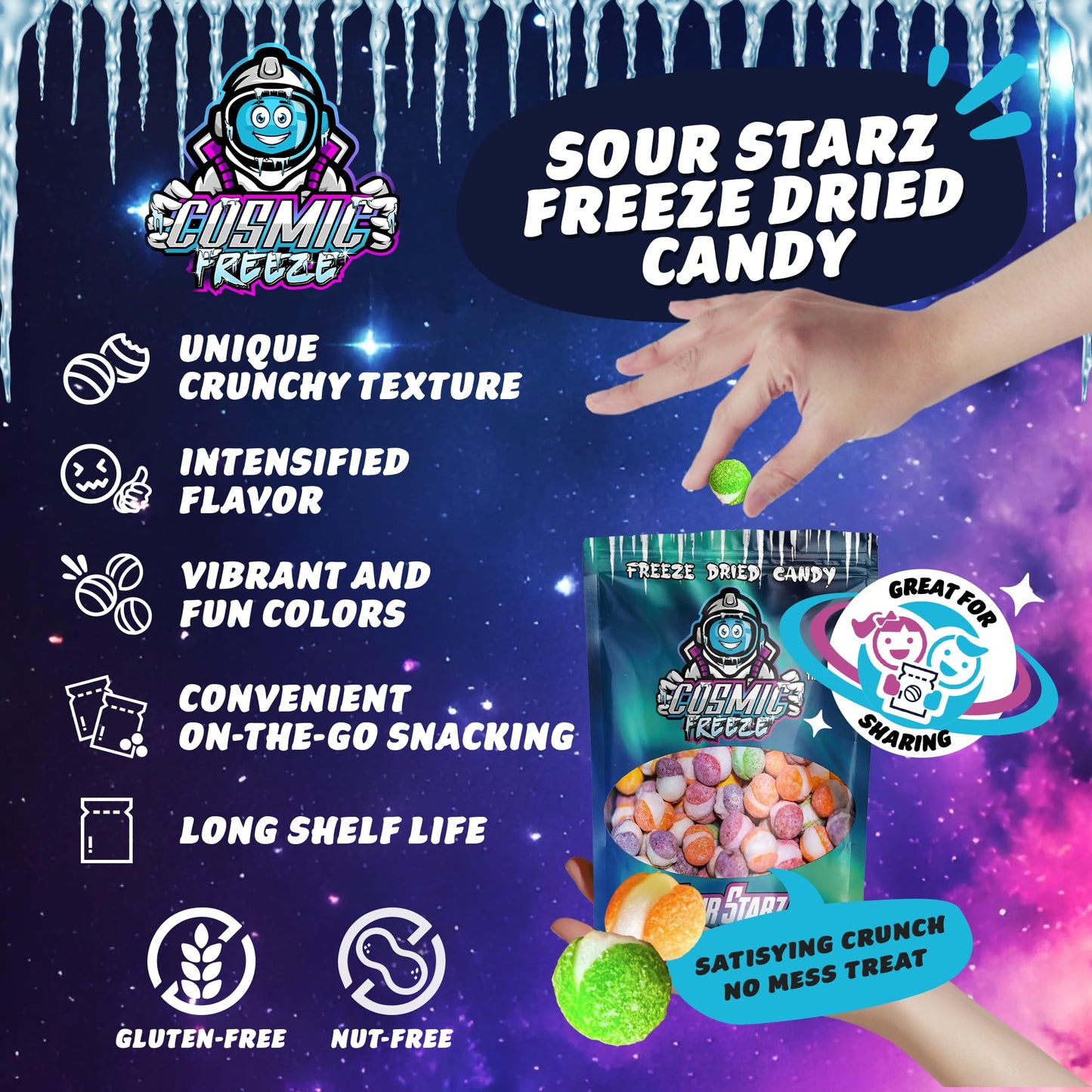 Cosmic Freeze Sour Starz Dried Candy, Crunchy Dry Candy For Mix-In Snacks Dried, Gluten-Free, Made In Usa, 2.4 Oz, 3-Pack