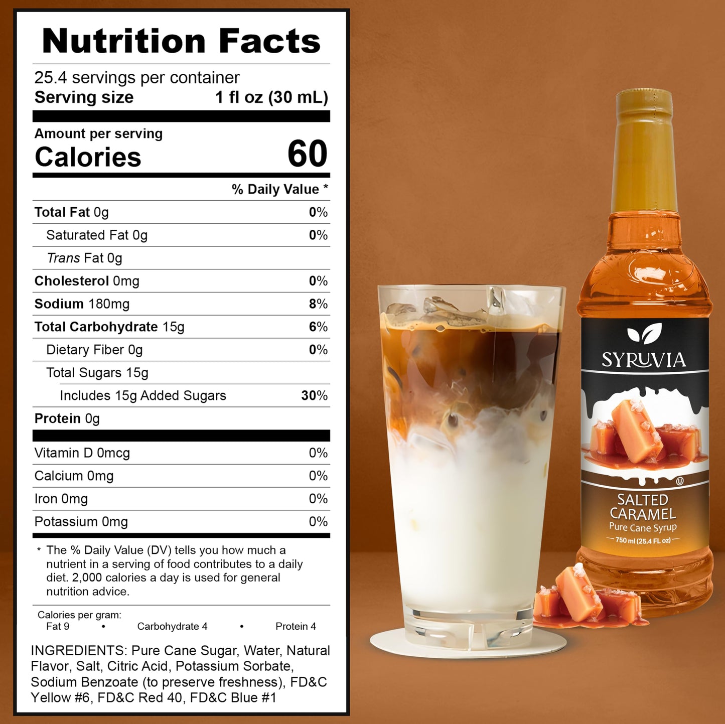 Syruvia Salted Caramel Syrup - Salted Caramel Coffee Syrup Flavor, 25.4 Fl Oz, Kosher, Gluten Free, Perfect For Coffee, Drinks,