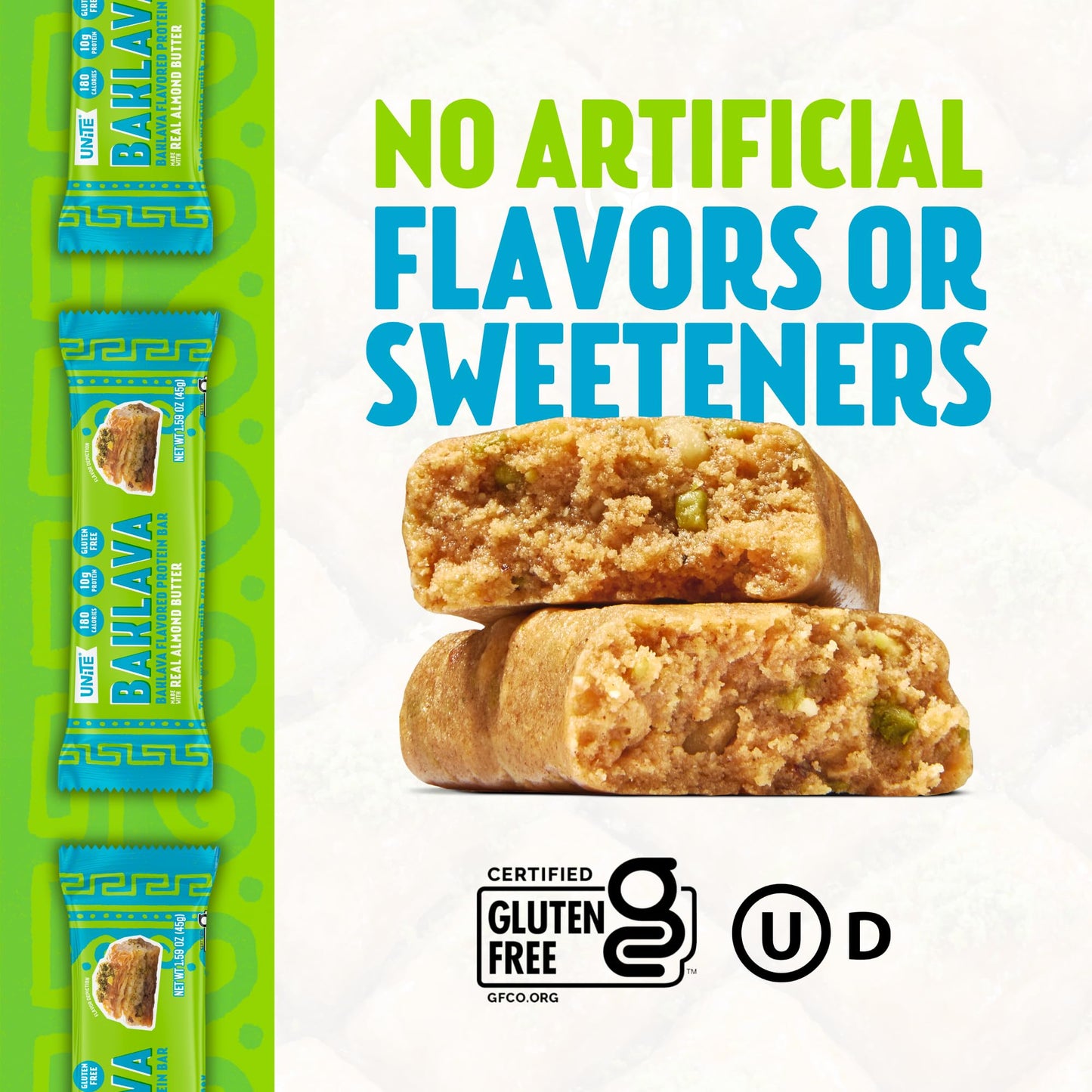 UNiTE Baklava Protein Bars, 10g Protein, Gluten and Soy Free, 12 Count, Almond Butter Snack