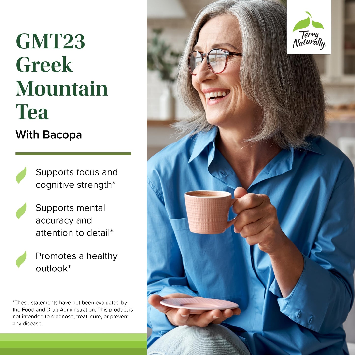 Terry Naturally GMT23 Greek Mountain Tea Plus Bacopa - Dietary dietary product for Focus Support - Brain Health dietary product for Attention to Detail - Herbal dietary product with Antioxidants - 30 Capsules