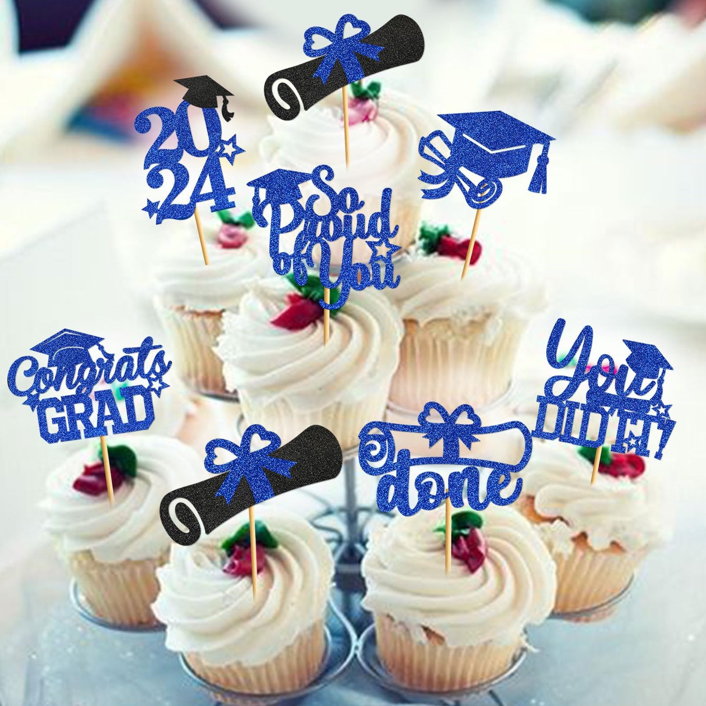 Ttdq 40Pcs Blue Graduation Cupcake Toppers 2024 Graduation Decorations Class Of 2024 Cupcake Toppers 2024 Congrats Grad Cap Cupc