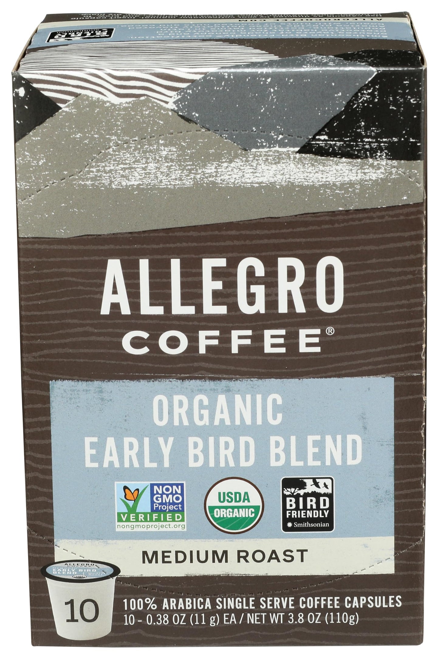 Allegro Coffee Early Bird Blend Pods, Organic, 10 Count, 3.8 Ounce, Model 6