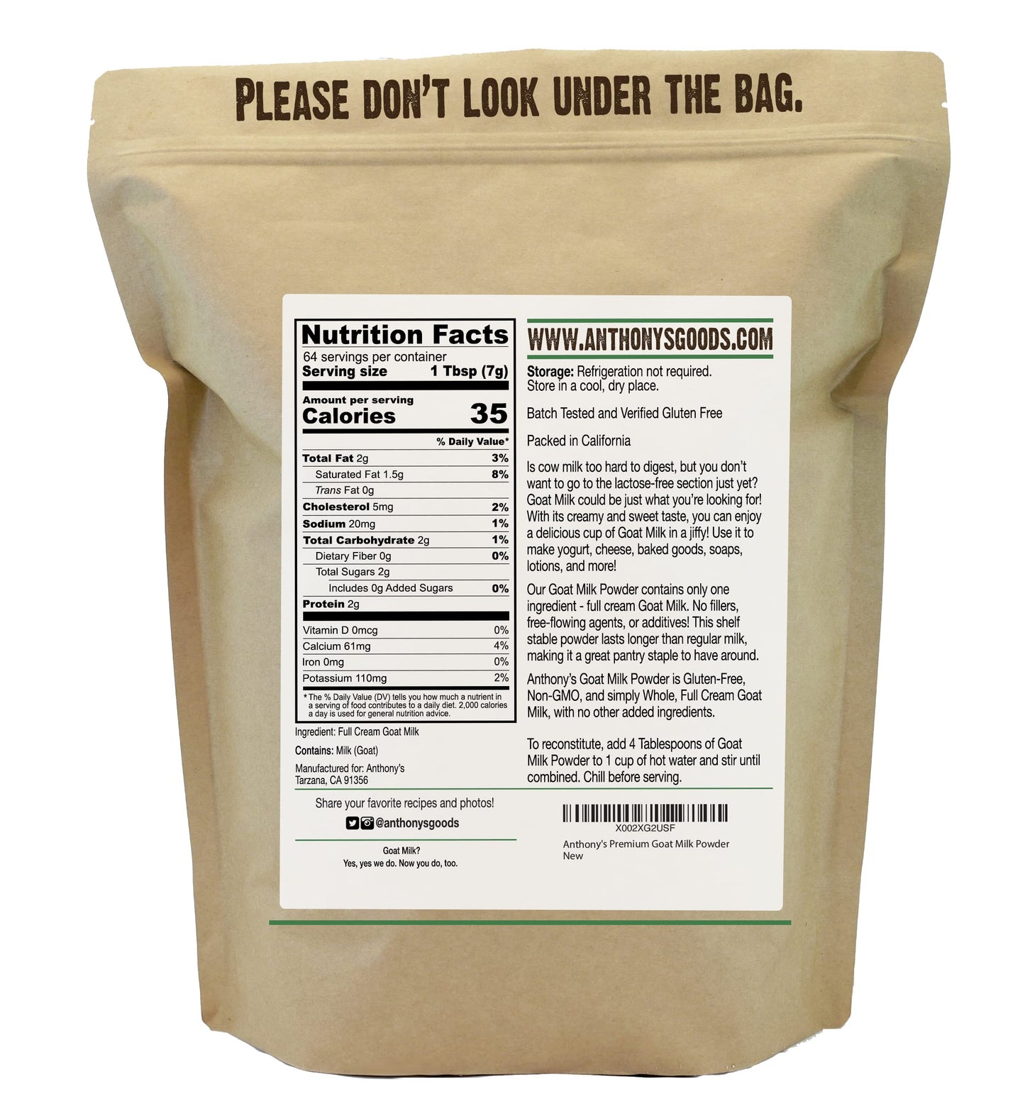 Anthonys Premium Goat Milk Powder, Gluten Free, Non GMO, 16 oz