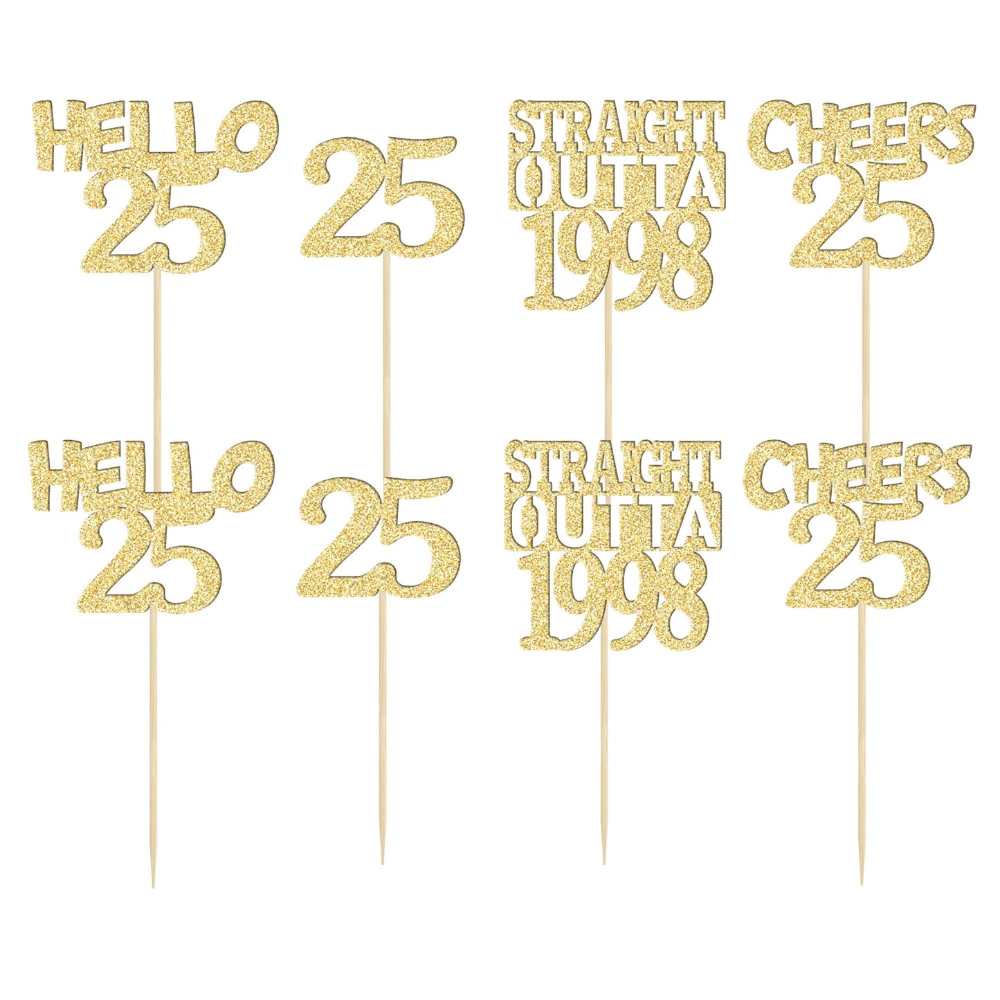 Gyufise 24Pcs Happy 25Th Cupcake Toppers Glitter Twenty-Five Straight Outta 1998 Cupcake Picks Cheers To 25 Years Birthday Cake