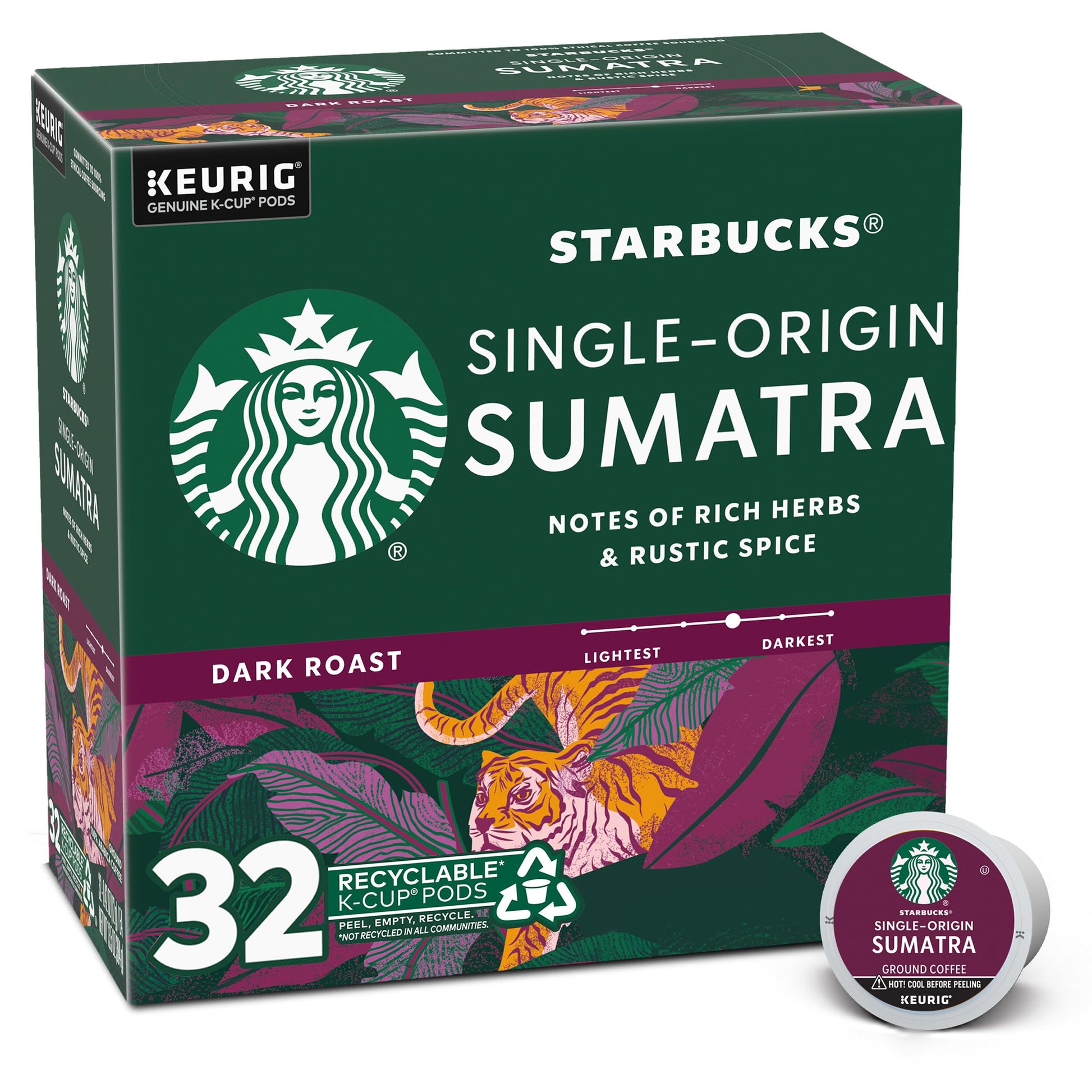 Starbucks K-Cup Coffee Pods, Dark Roast, 100% Arabica, 32 Count, Sumatra