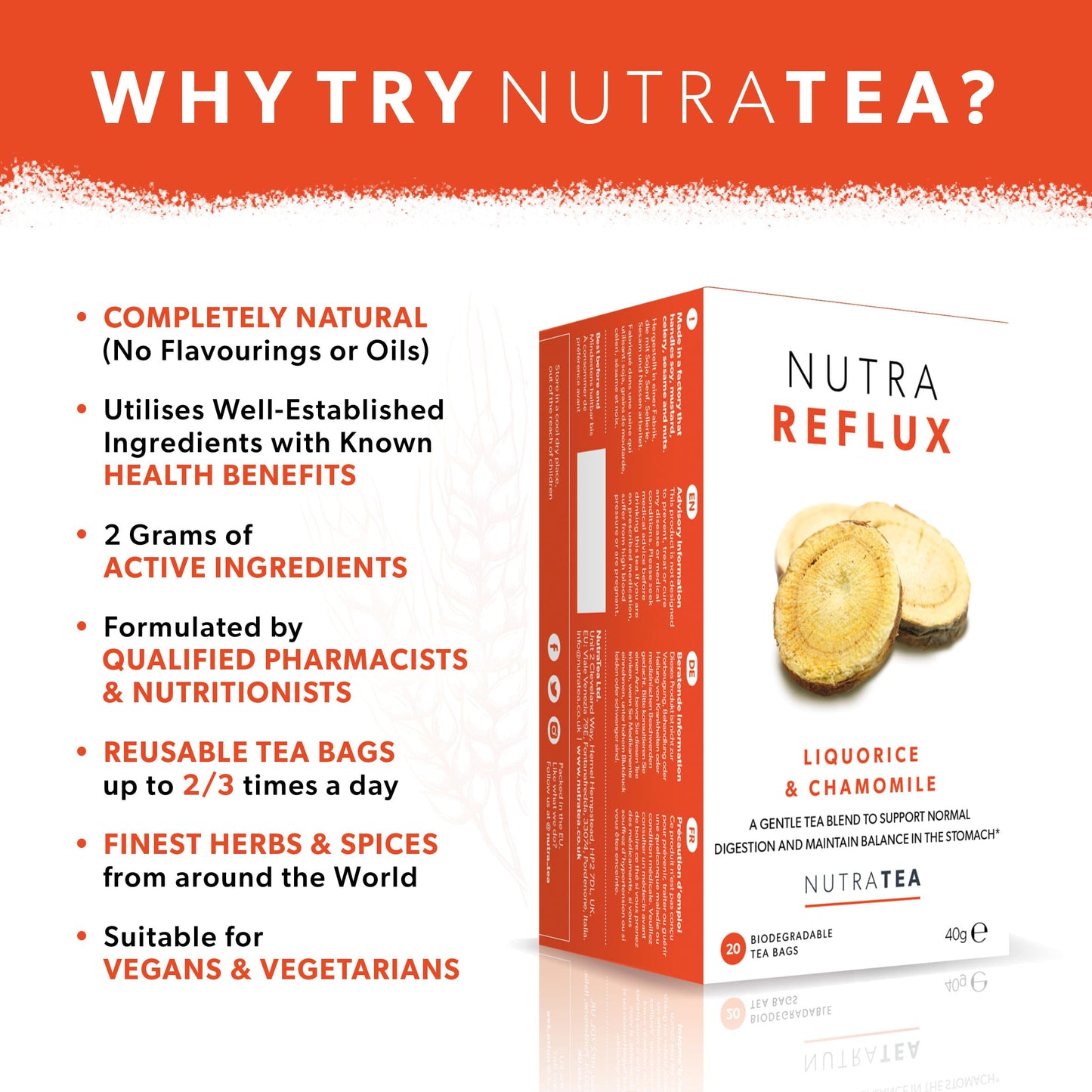 Nutra Tea Acid Reflux Tea - Herbal Tea for Stomach Relief - 20 Enveloped Tea Bags - Includes Slippery Elm, Fennel & Licorice
