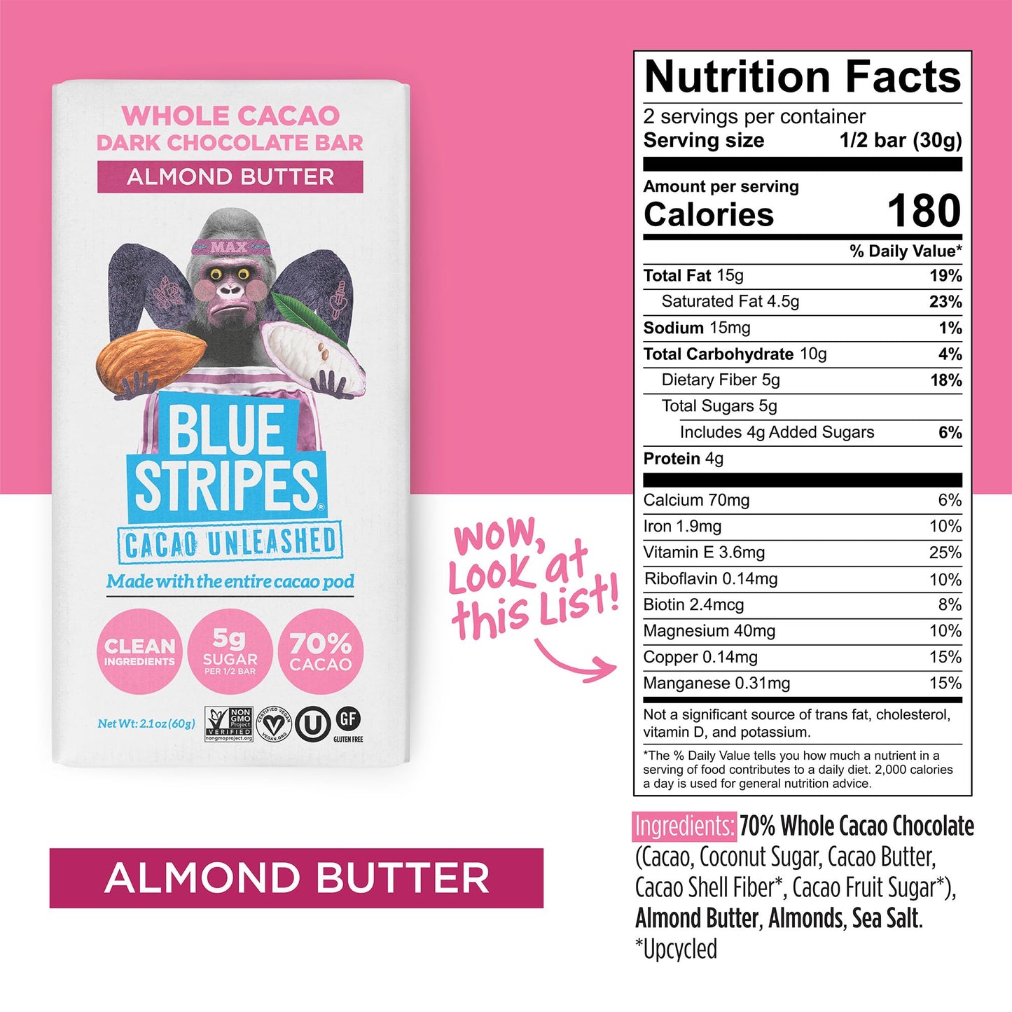 Blue Stripes Whole Cacao Almond Butter Dark Chocolate Bar, 2.1 OZ