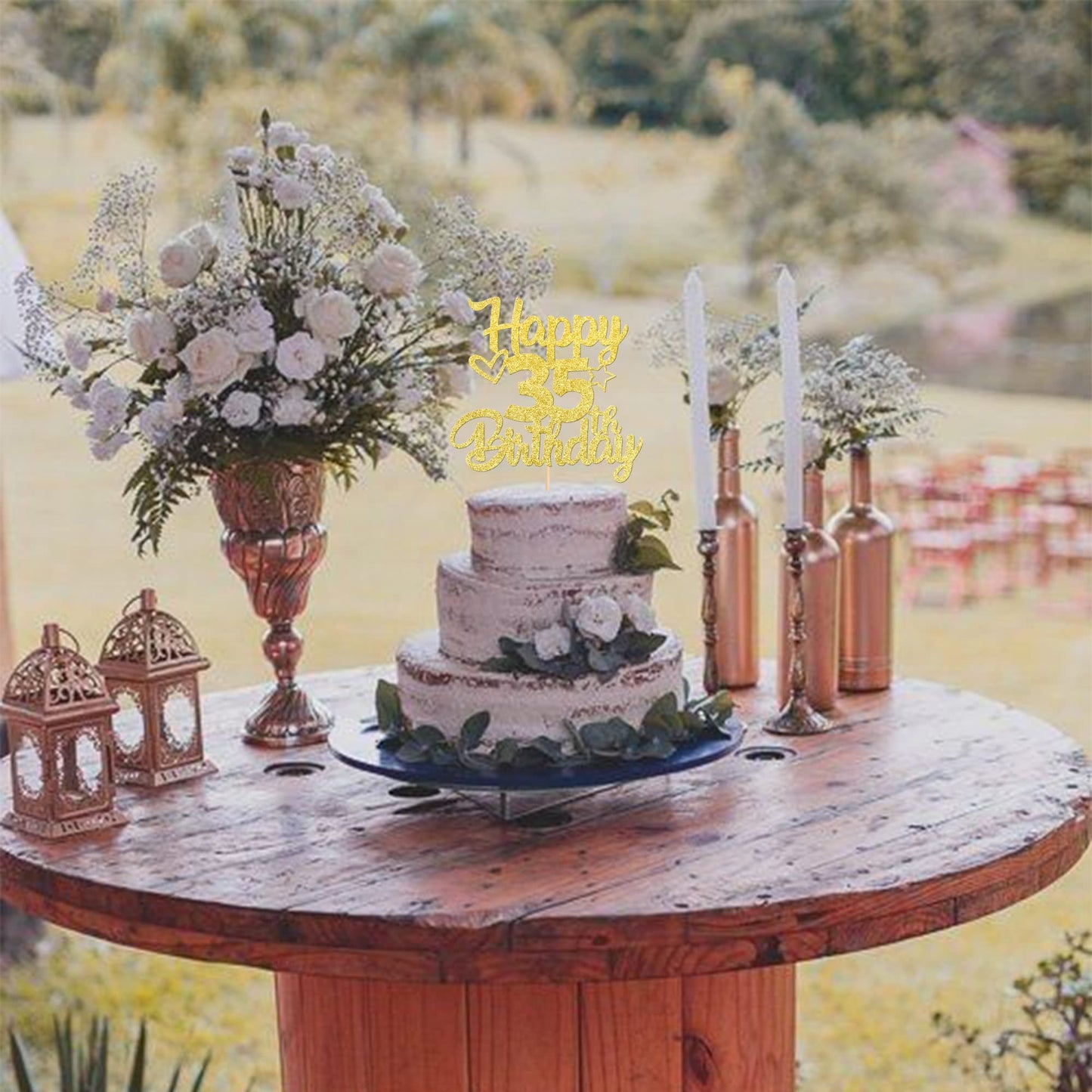 YCTHUNFISH 35th Birthday Cake Topper Glitter Heart Star Gold Bamboo Decoration