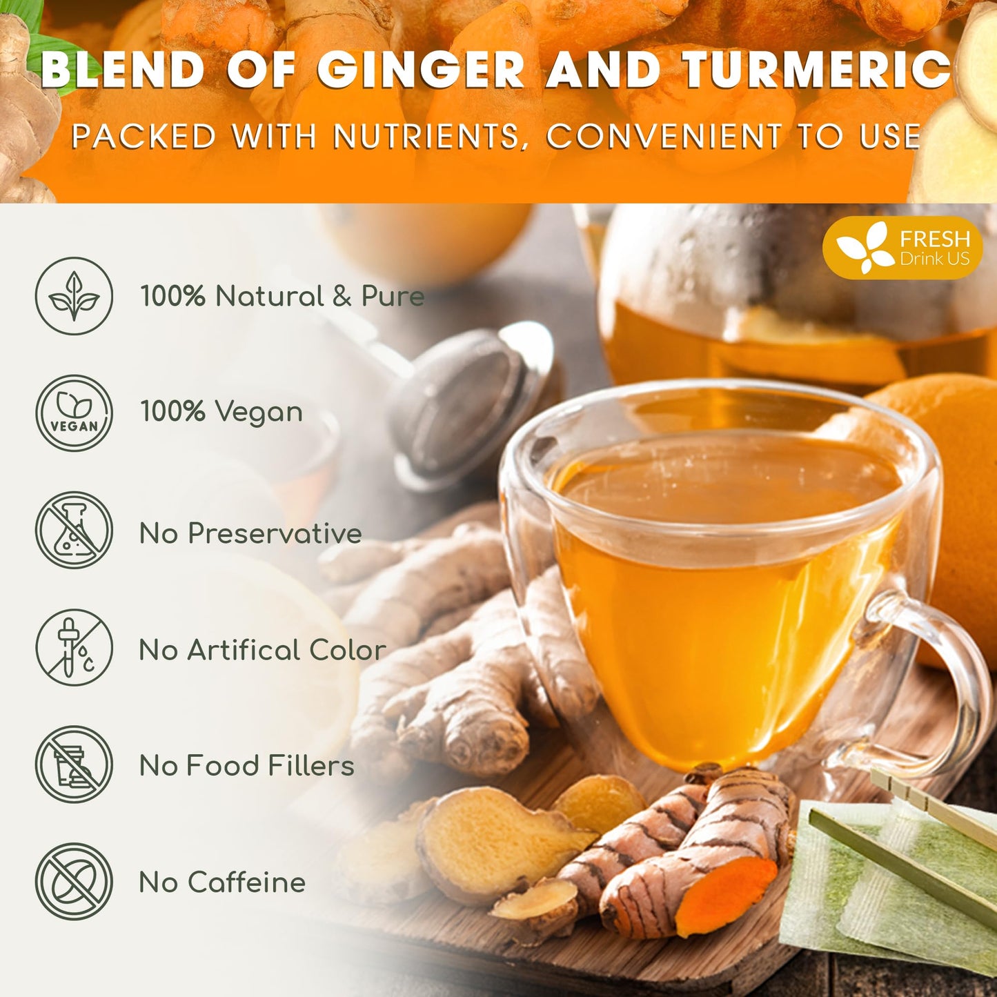 FRESHDRINKUS Ginger Turmeric Herbal Tea - 45 Natural Tea Bags, Eco-conscious, Vegan, No Sugar, No Caffeine, No Gluten