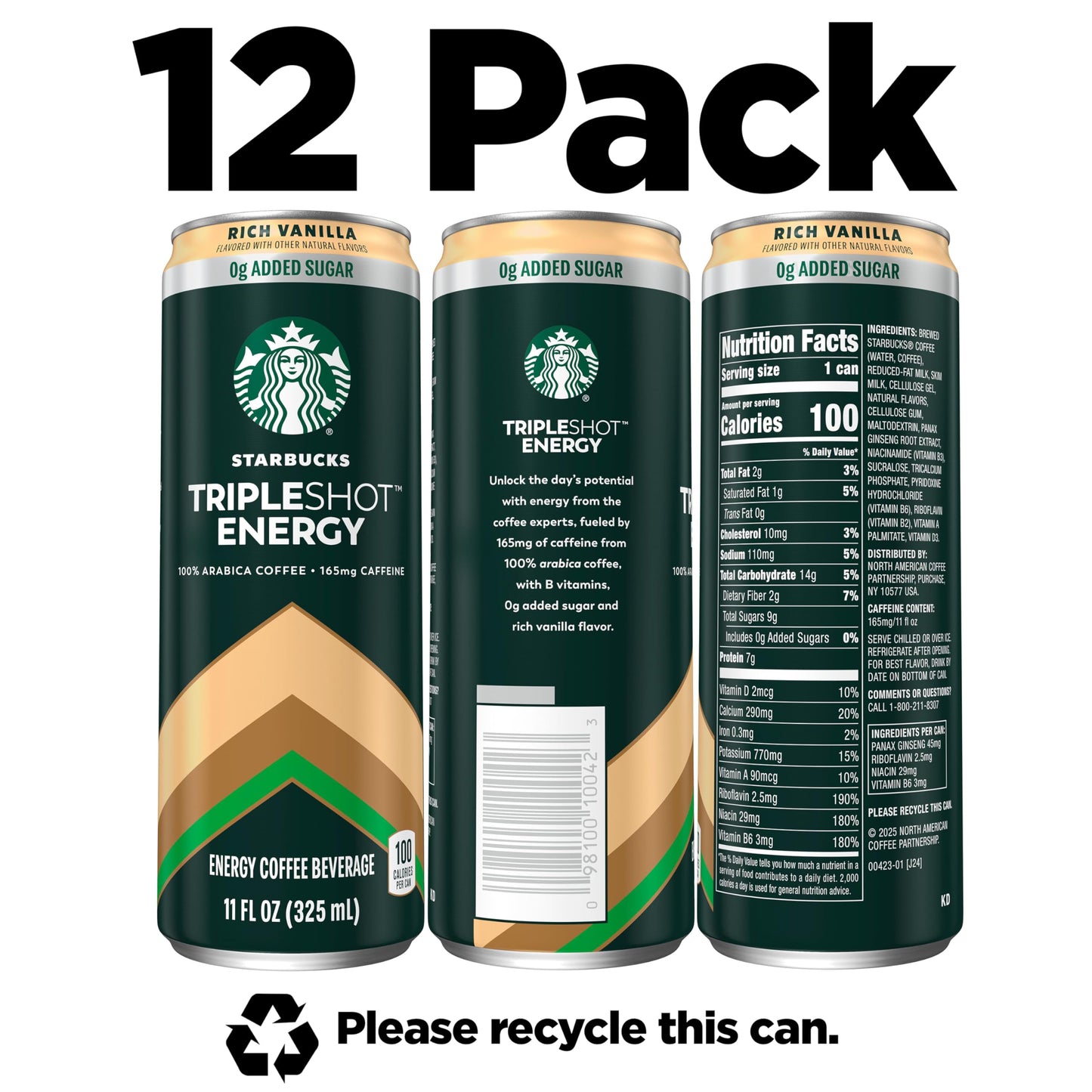 Starbucks Tripleshot Coffee Energy Drink, Rich Vanilla, 11 fl oz, 12 Pack, 165mg Caffeine, B Vitamins, Protein