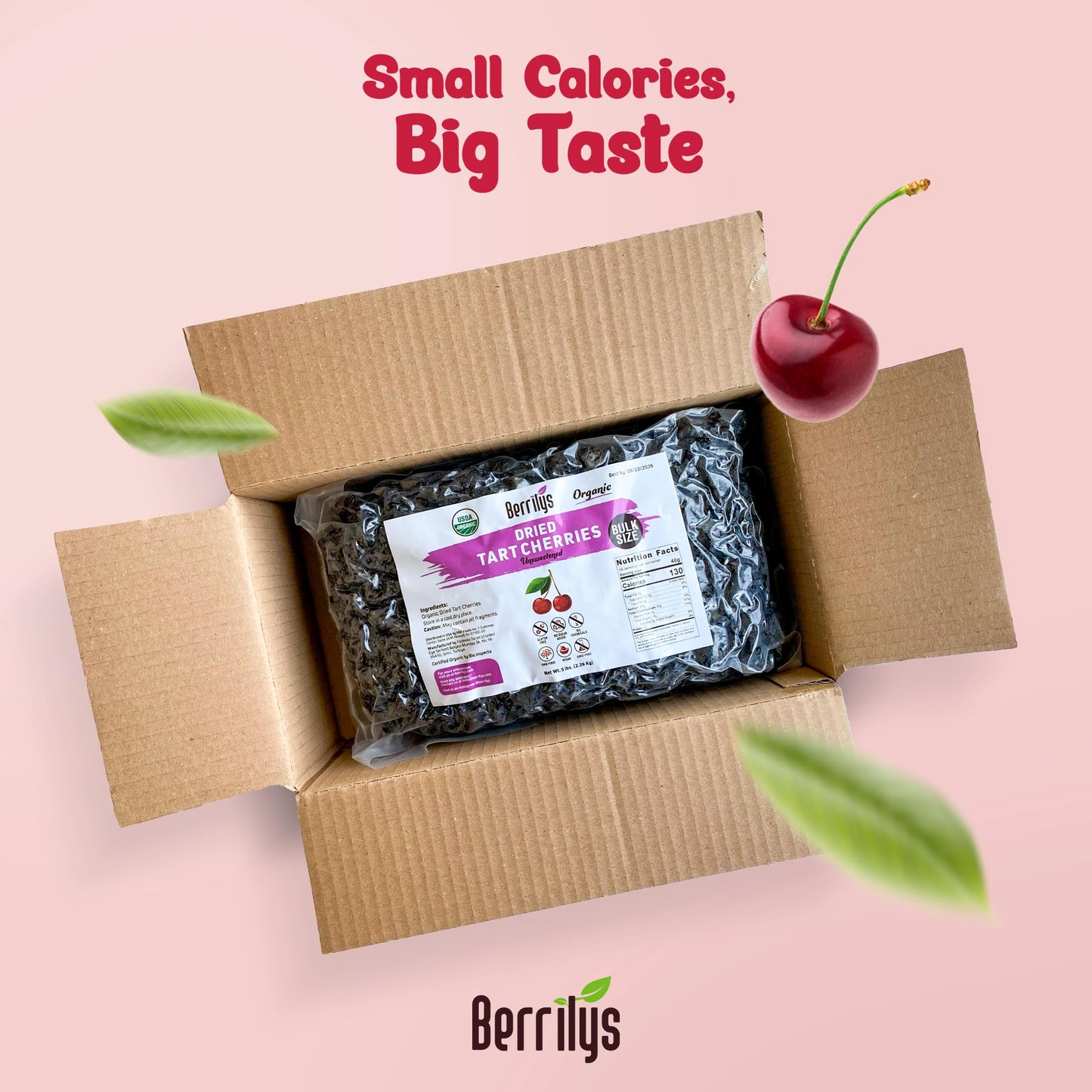 Berrilys Natural Dried Tart Cherries, 5 lb, No Sweet Added, Non-GMO, Plant-based, Ideal and Great for Baking, Snacking, Salads &