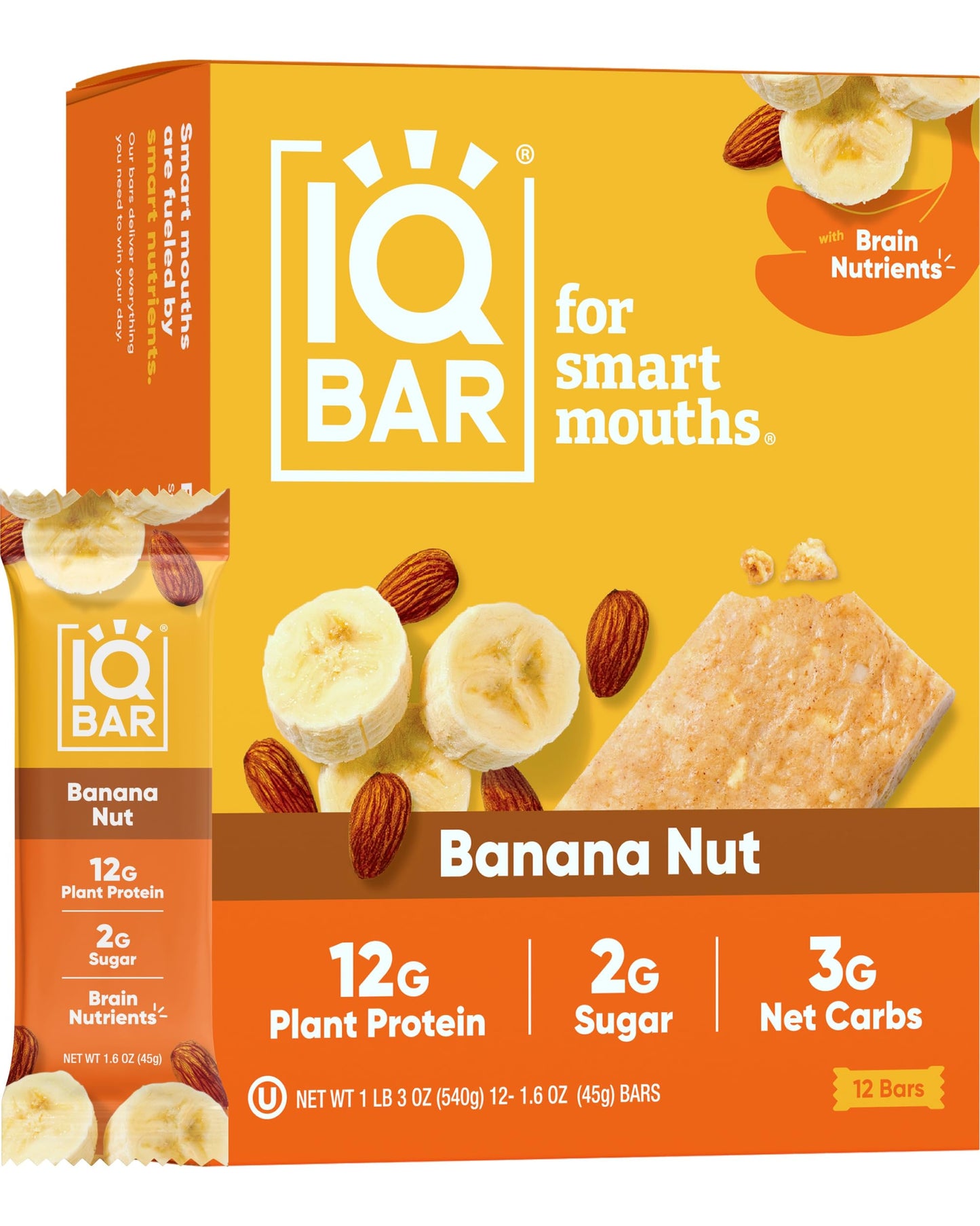 IQBAR Brain and Body Plant Protein Bars - Banana Nut - 12-Count Low Carb - Gluten Free, High Fiber, Vegan Snacks - Low Sugar Mea