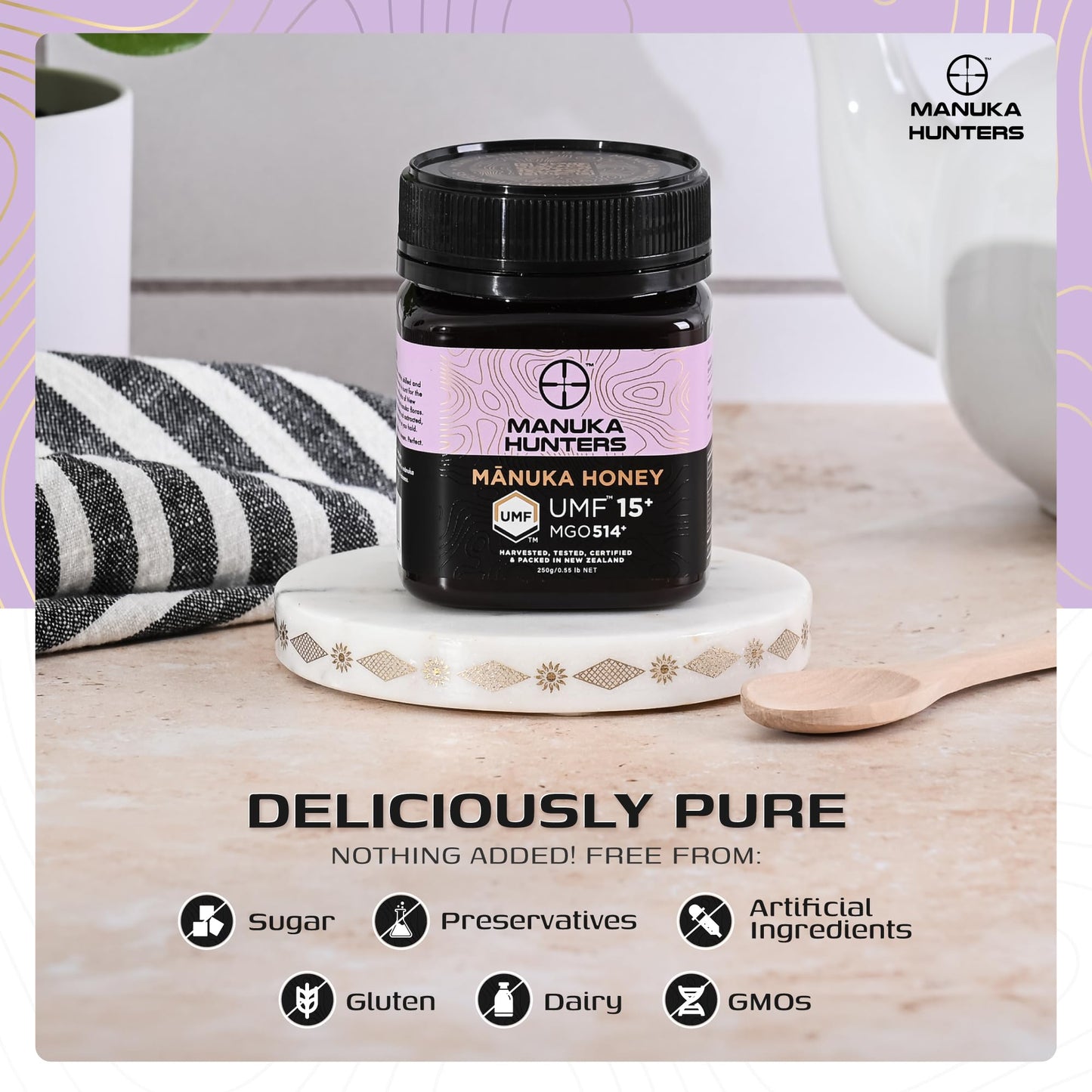 Manuka Hunters Umf 15+/Mgo 514+ Certified New Zealand Manuka Honey - 100% Pure Natural Sweetener - Gluten, Dairy Free - Ideal Fo