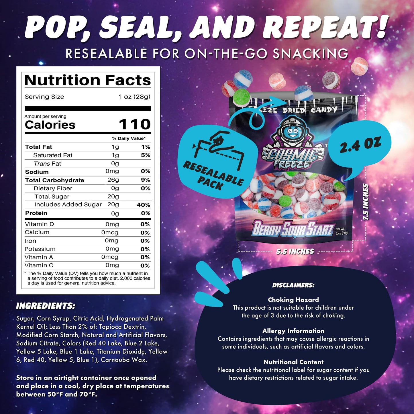 Freeze Dried Candy Sour Starz Crunchy Freeze Dry Candy For Mix-In Snacks, Gluten-Free, Made In Usa, 2.4 Oz, 1-Pack