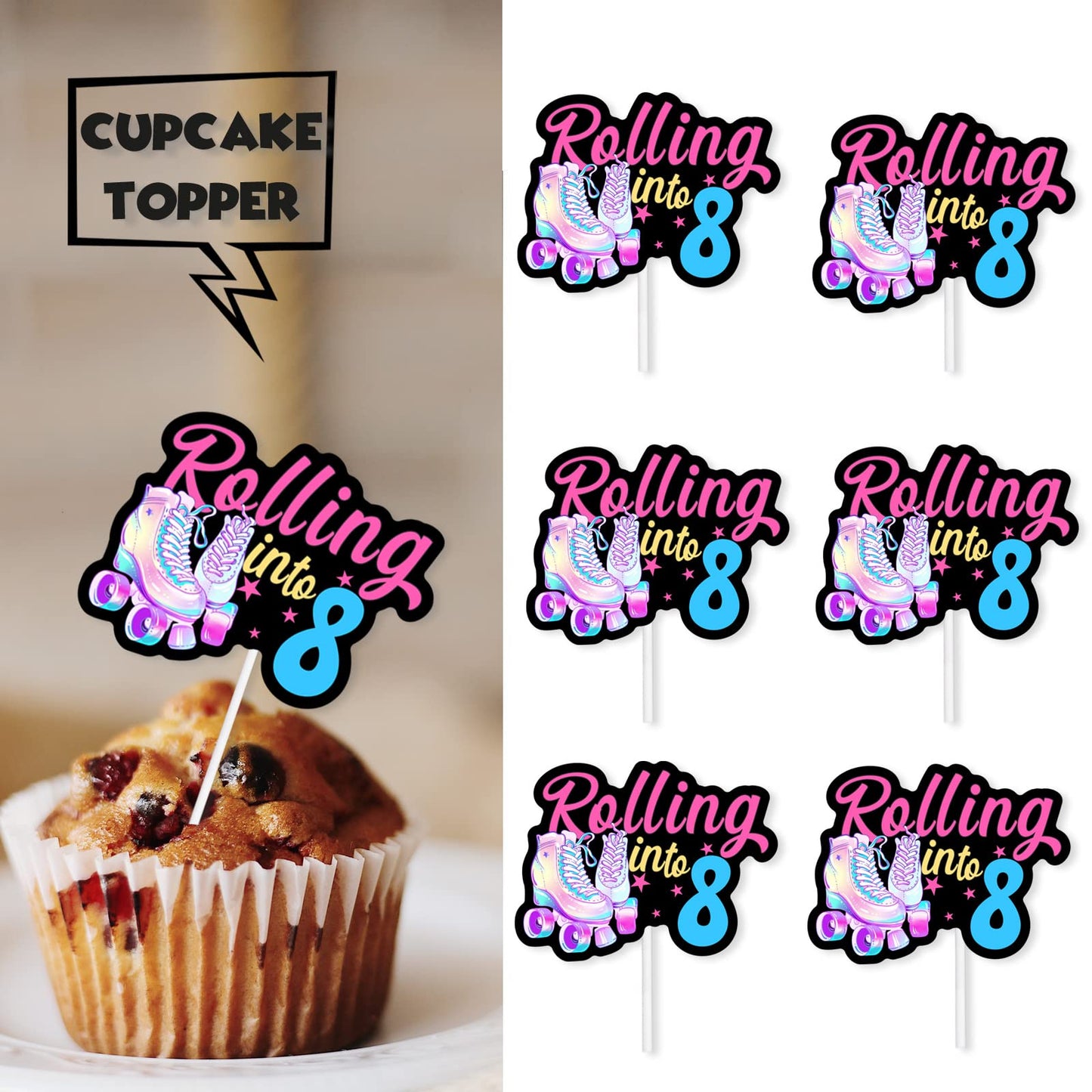 18Pcs Black Glitter Pink Roller Skates Dessert Cupcake Topper 80S 90S Retro Hip Hop Roller Skating Rolling Into 8 Theme Decor Su