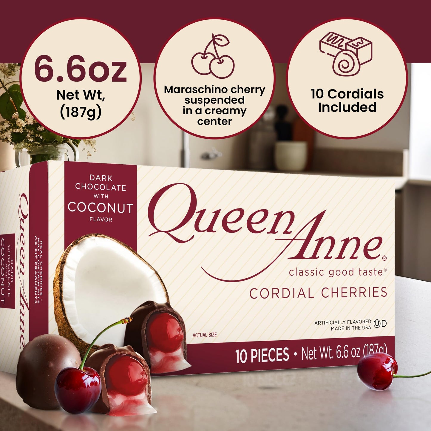 Queen Anne Dark Chocolate Coconut Covered Cordial Cherries | 6.6 Oz (Pack Of 12) | 10 Piece Gift Boxes | Whole Maraschino Cherry