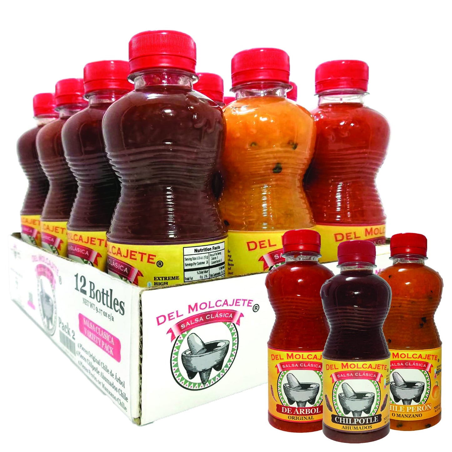 Del Molcajete Salsa Clasica Variety 12-Pack - Chile de Arbol, Chilpotle, Chile Peron/Manzano - 24.1 cm