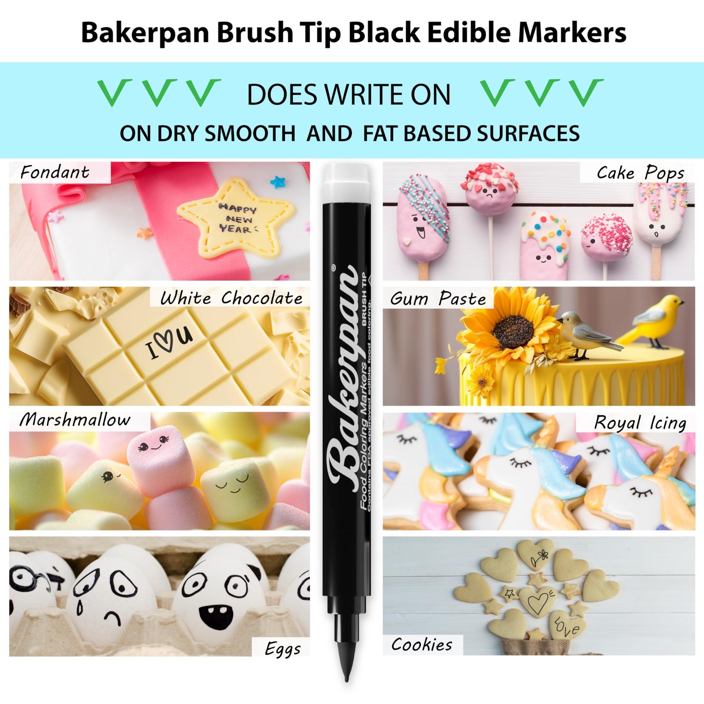 Bakerpan Food Coloring Markers, Brush Tip Black Edible Markers For Writing On Cake Pops And Candy Melts, Cake Decorating - Set Of 3 (Made In Usa)