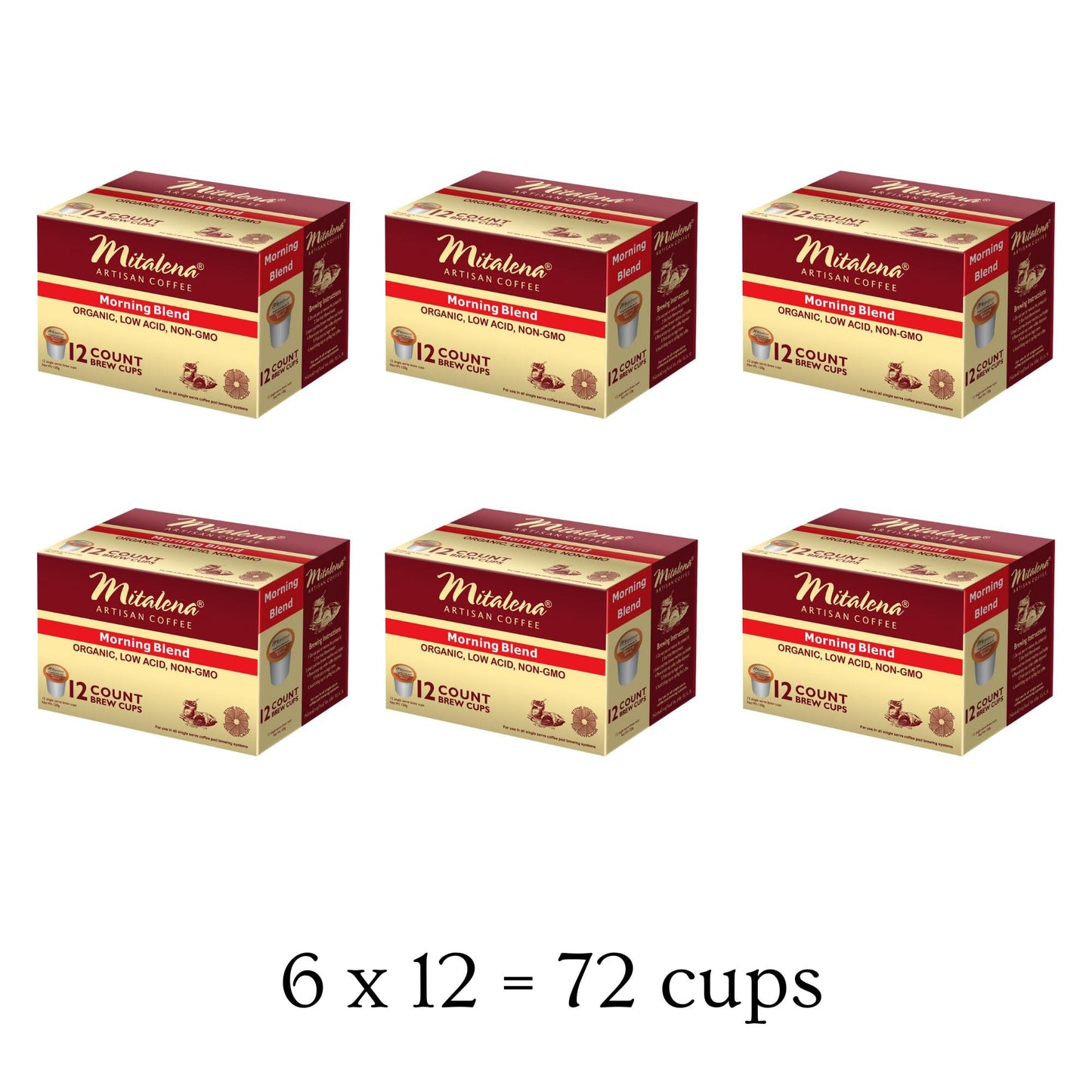 Mitalena Artisan Coffee Morning Blend, Low Acid, Medium Roast, Organic Coffee Pods For Keurig K-Cup Coffee Maker - 72 K Cups - 1