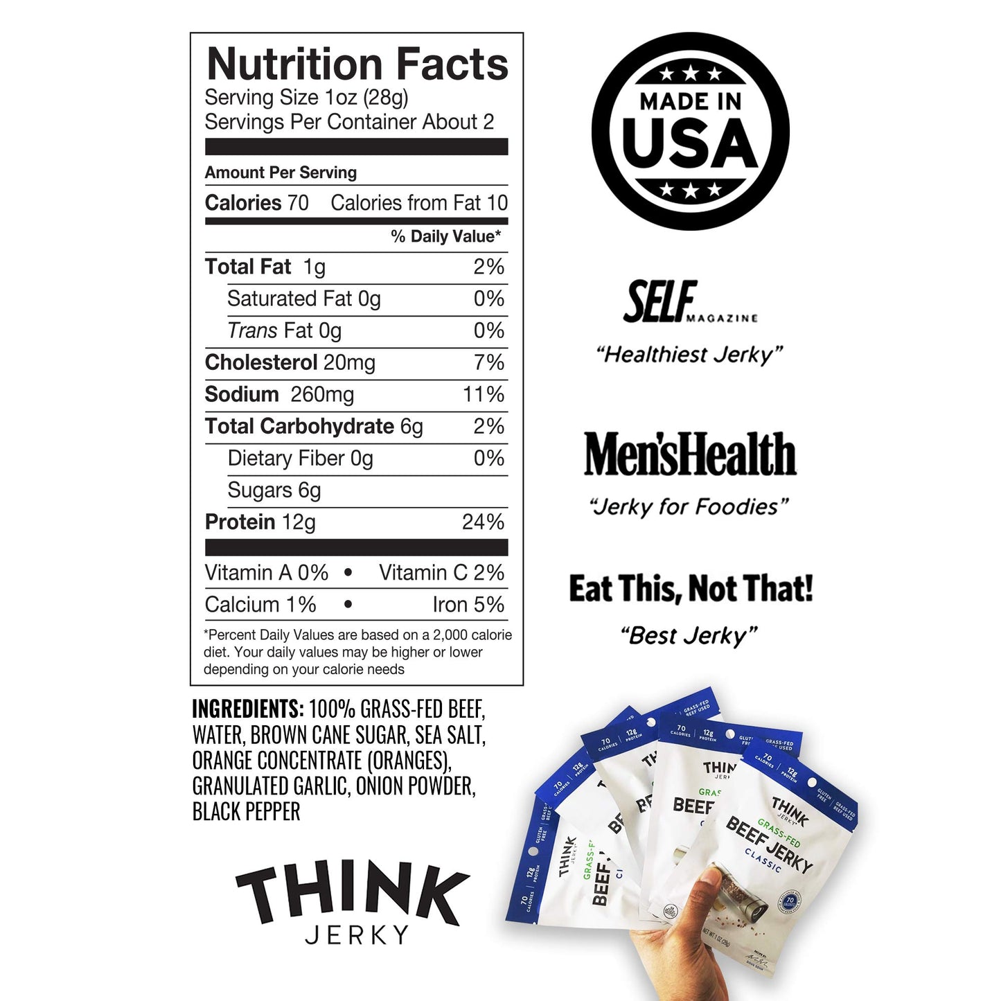 Think Jerky Classic Beef Jerky, Grass-Fed, Gluten Free, Low Calorie, 1 oz Bags, 8 Pack