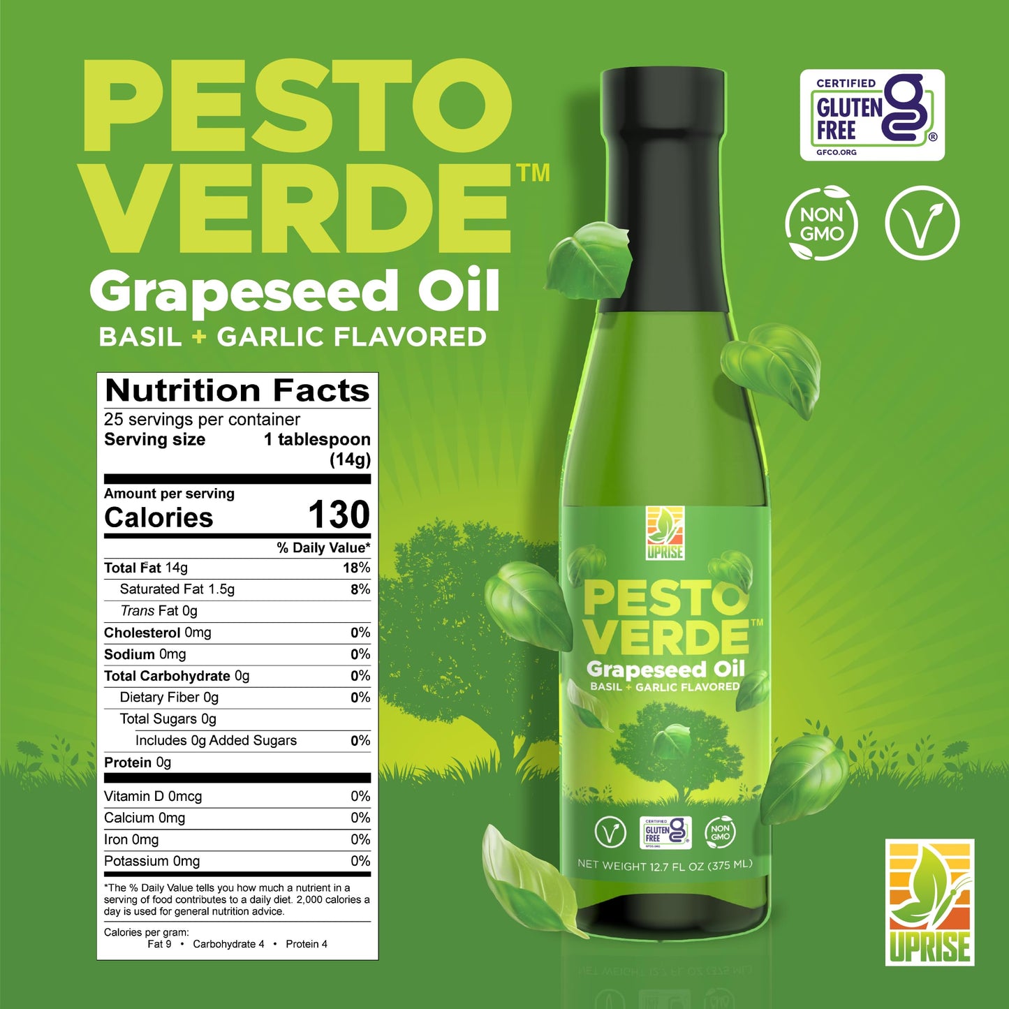 Pesto Verde Grapeseed Oil 12.7 Oz (High Smoke Point, Gluten-Free, Non-Gmo, Healthy Evo Alternative)