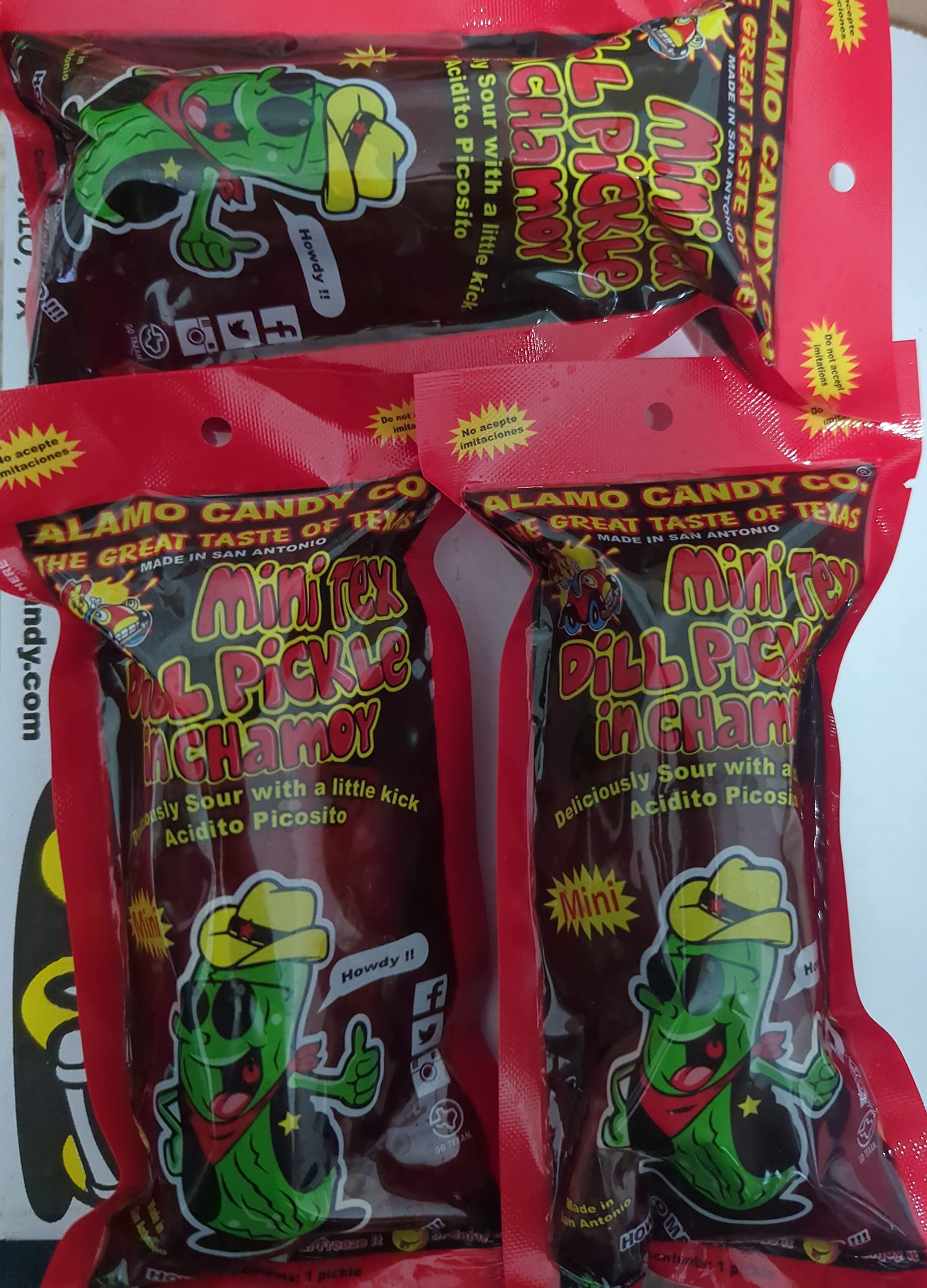 Alamo Candy Mini Tex Dill Pickle In Chamoy - Three Pickles & One NG Joy Sticker - Individually Wrapped - Made In San Antonio, Te