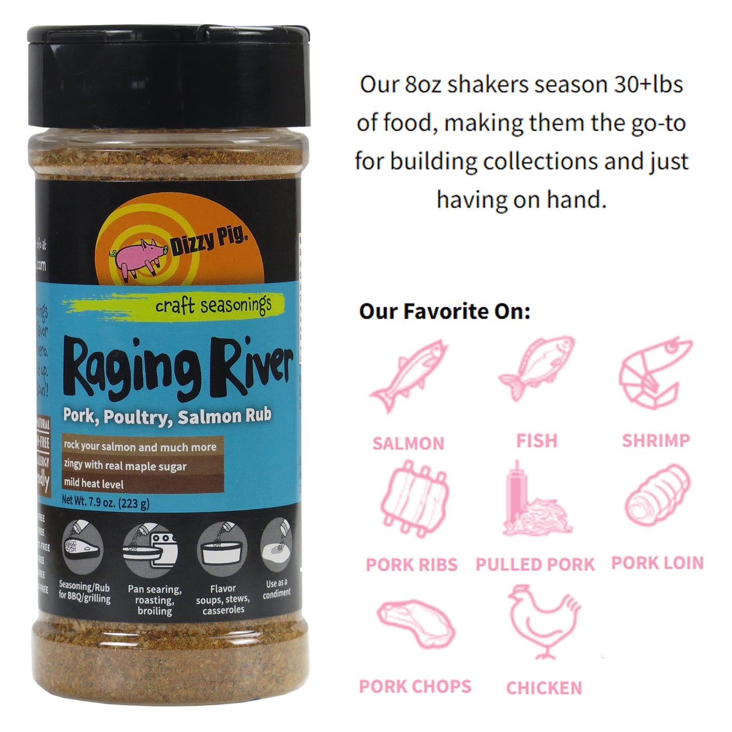 Dizzy Pig Raging River Salmon Seasoning Rub (8Oz Shaker) - Seasons 30+Lbs Of Food - Hand Made In The Usa - Msg Free, Gluten Free