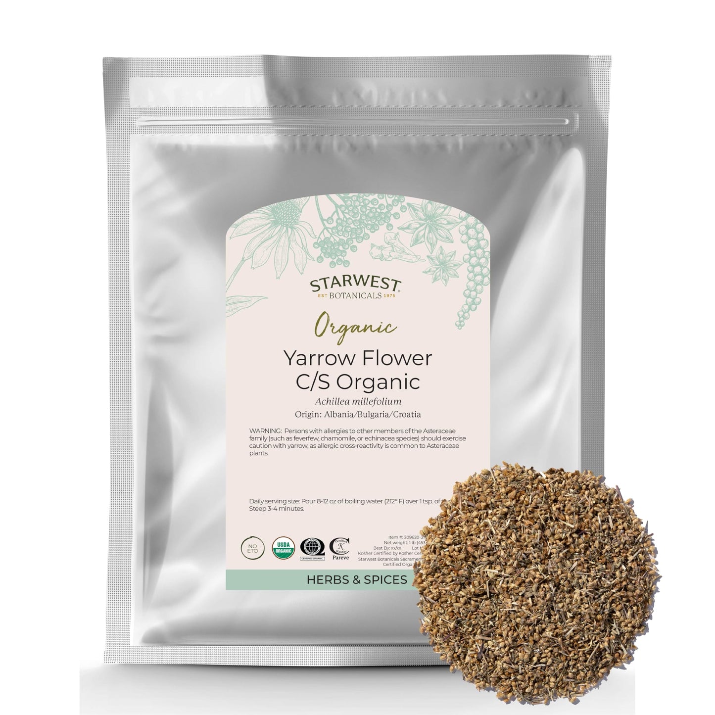 Starwest Botanicals Organic Yarrow Flowers, Cut & Sifted, 1 lb Bag, Certified Kosher, Non-GMO