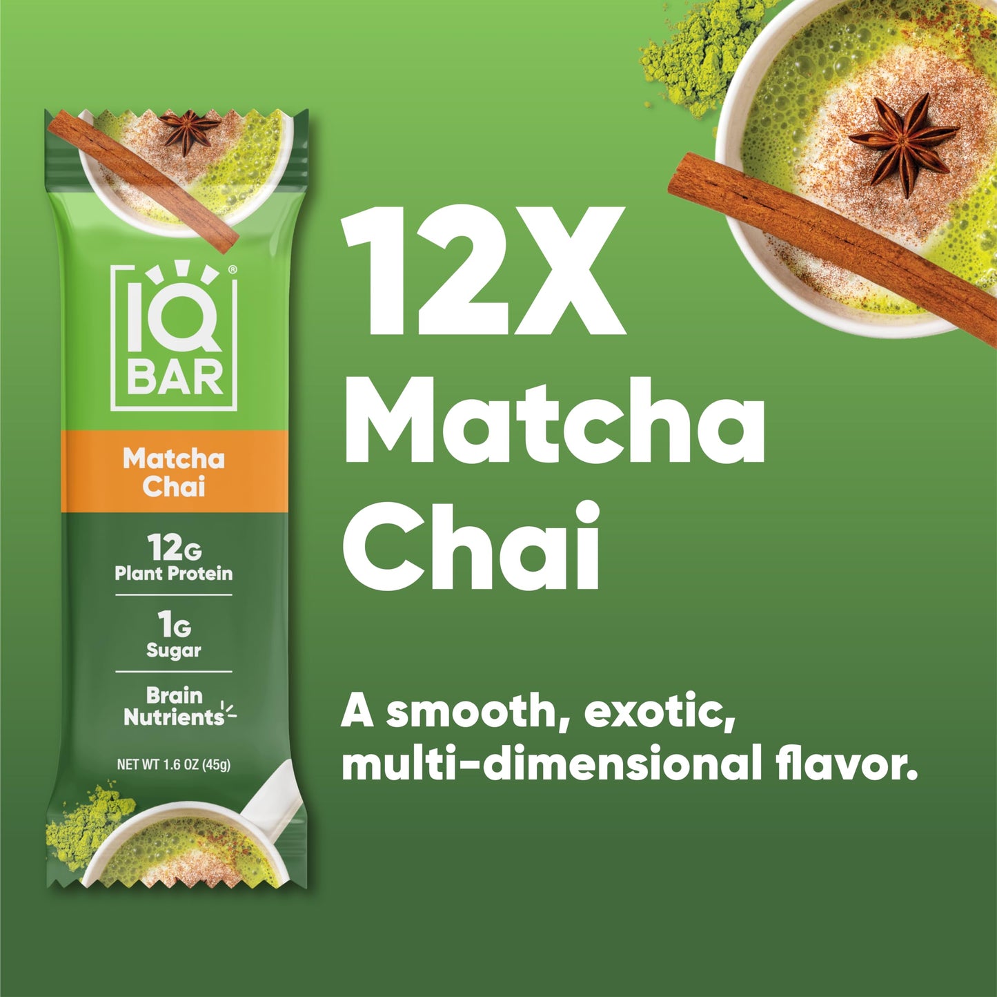 Iqbar Brain And Body Plant Protein Bars - Matcha Chai - 12 Count, Low Carb, High Fiber, Gluten Free, Healthy Vegan Snacks - Low