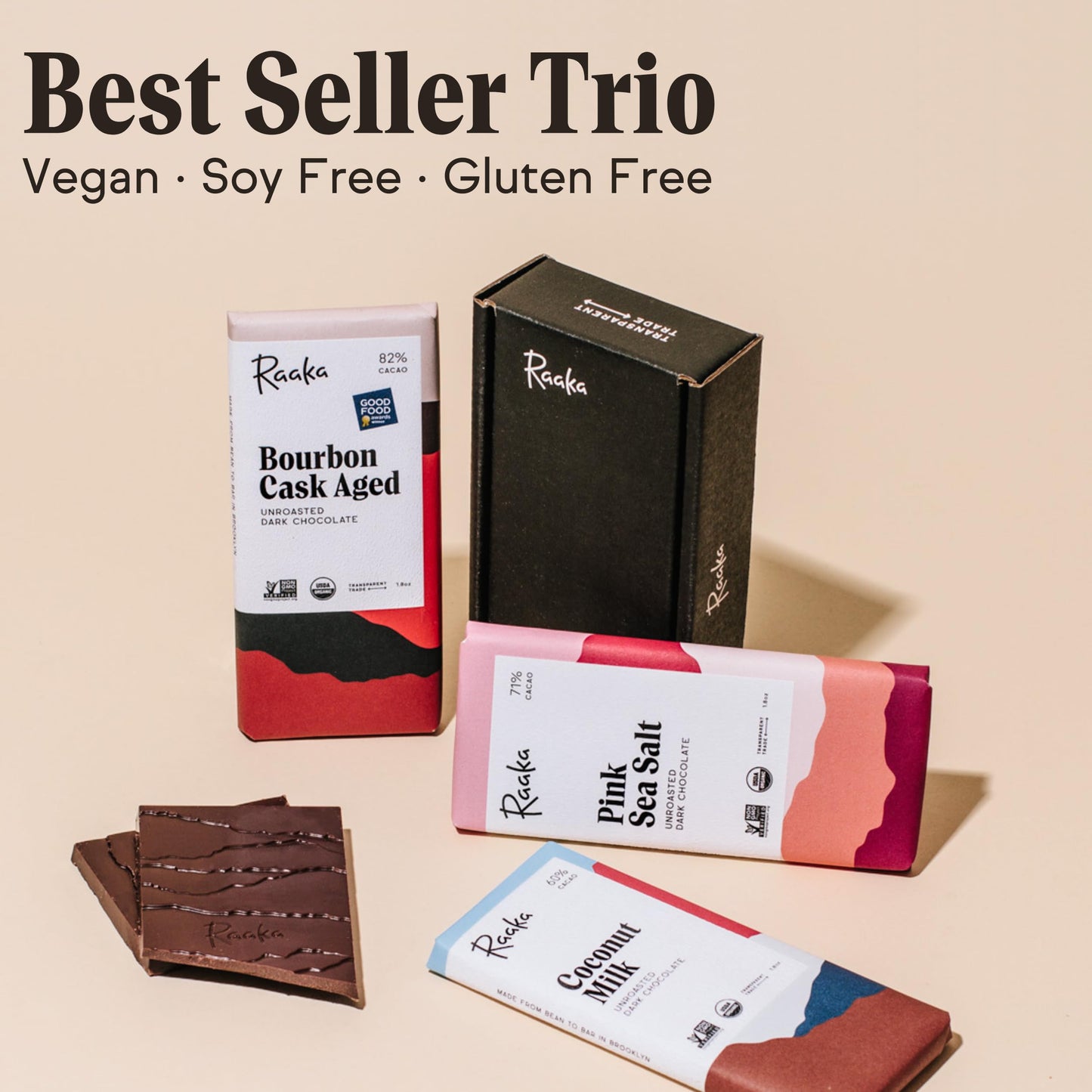 Raaka Chocolate Best Sellers Trio - Organic Vegan Dark Chocolate Gift - 1.8oz Bars, 3-Pack