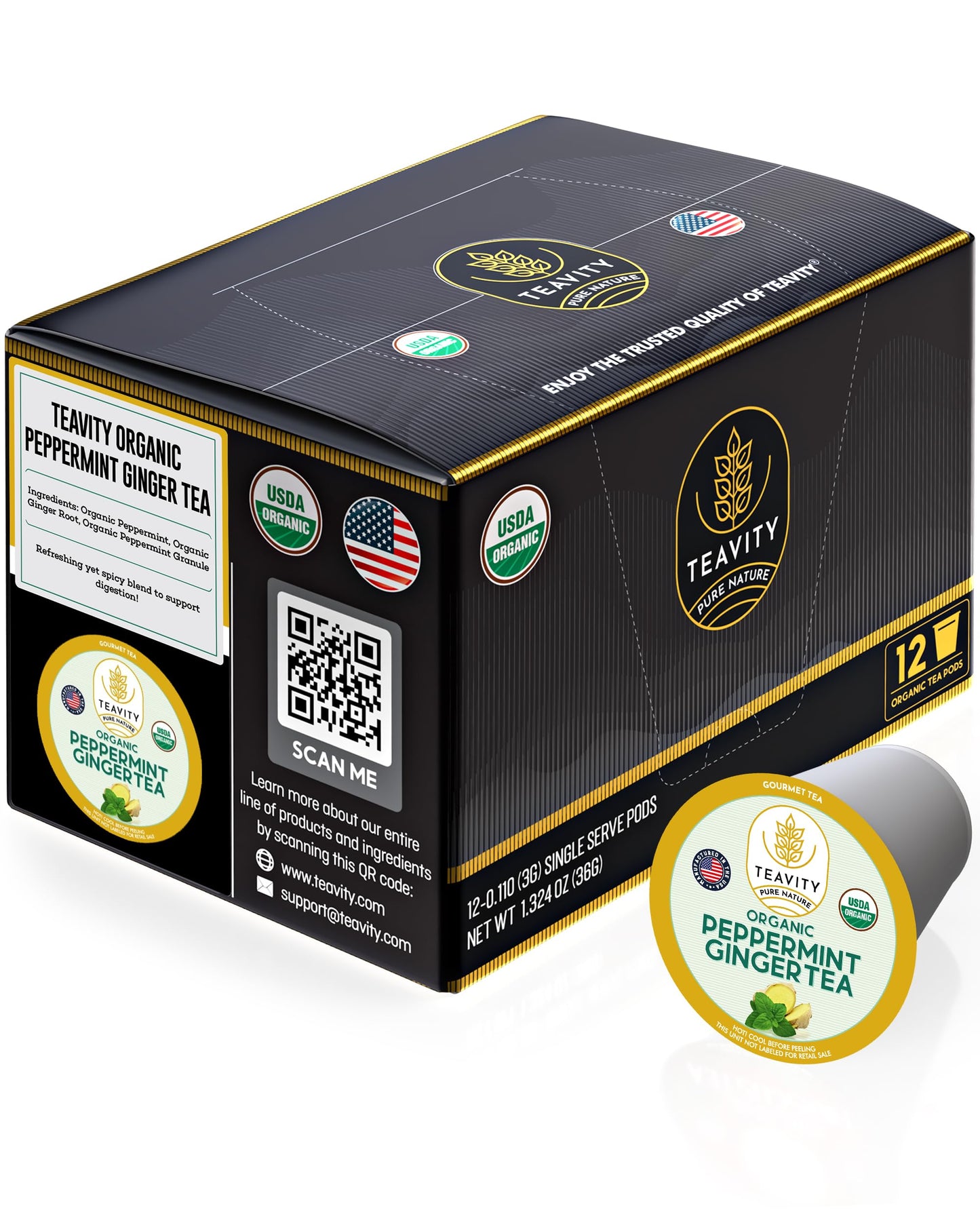 Organic Ginger Tea Pods For Keurig With Organic Peppermint Tea - Decaf Tea For K Cup Brewing Peppermint Ginger By Teavity (12 Te
