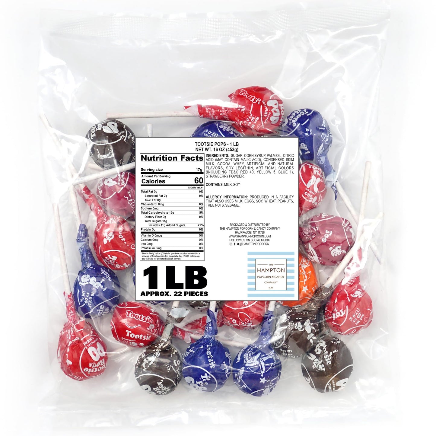 Tootsie Roll Pops with Chocolate Tootsie Roll Center  1lb Bulk Bag (Approx 22 Count)  Original Assorted Fruit Flavors  The Hampton Popcorn & Candy Company